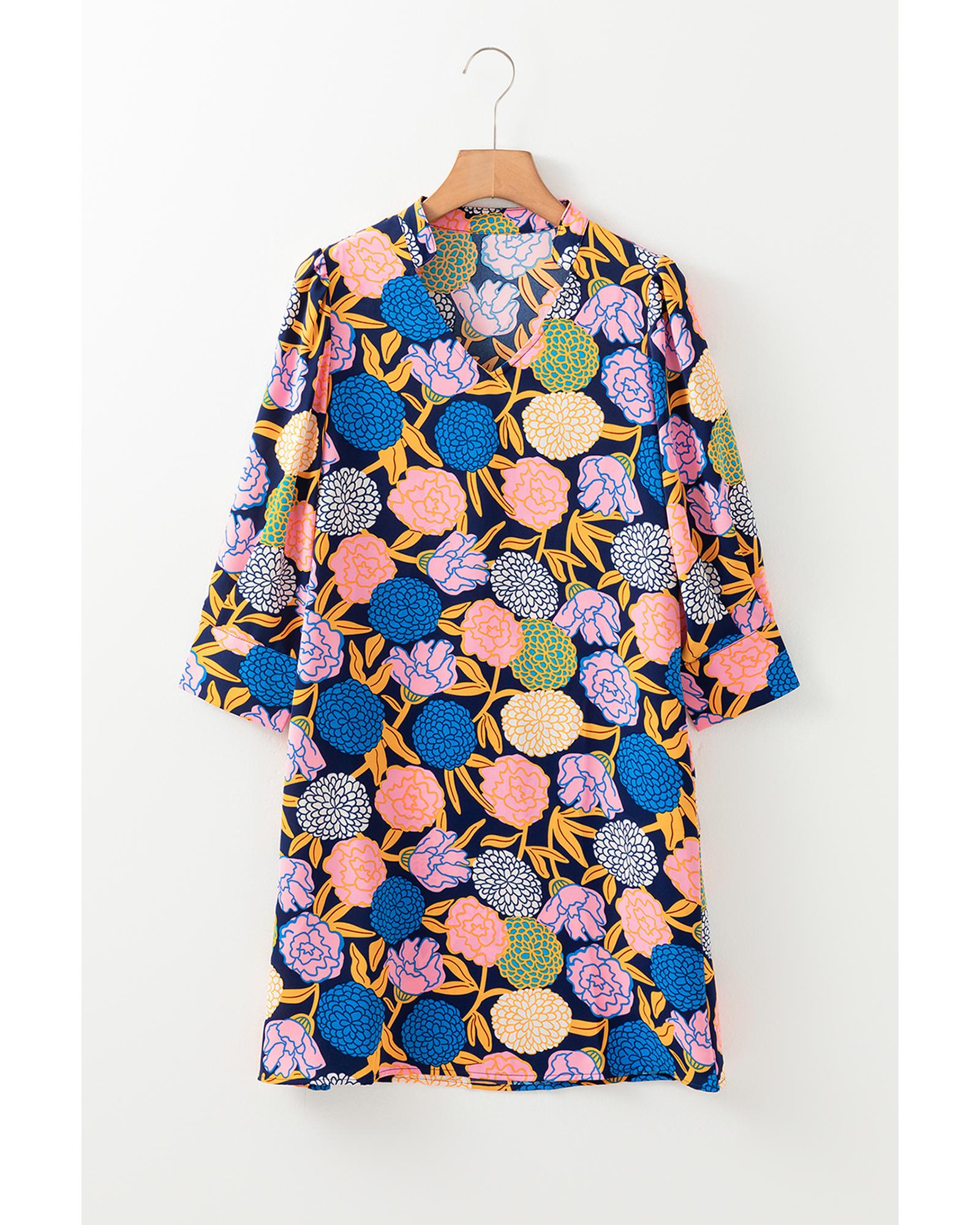 Navy Blue Hydrangea Floral Print Bishop Sleeve V Neck Shift Dress - XL 3