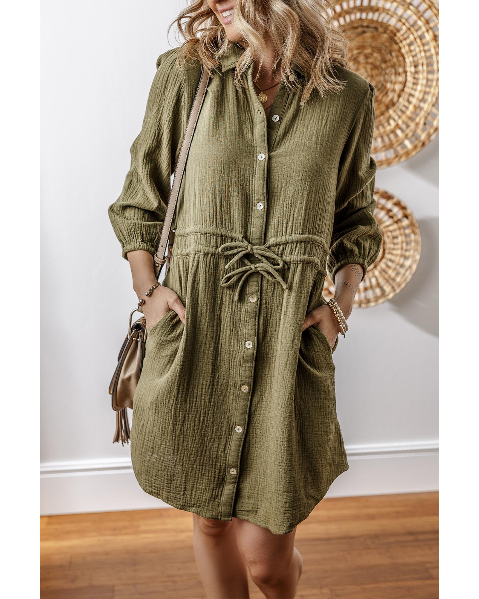 Jungle Green Textured Bracelet Sleeve Collared Button Up Dual Tied Mini Dress - L 3