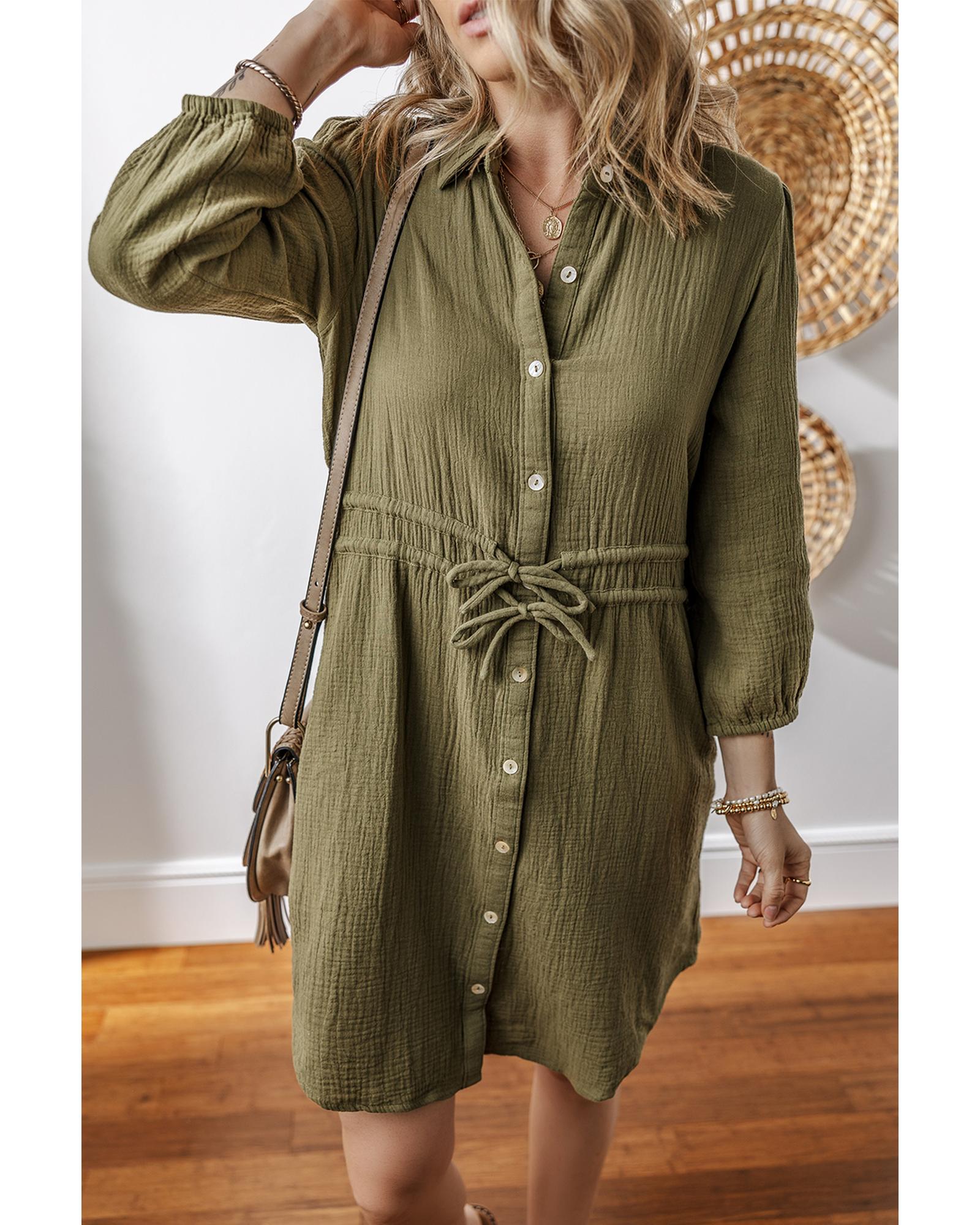 Jungle Green Textured Bracelet Sleeve Collared Button Up Dual Tied Mini Dress - L 4