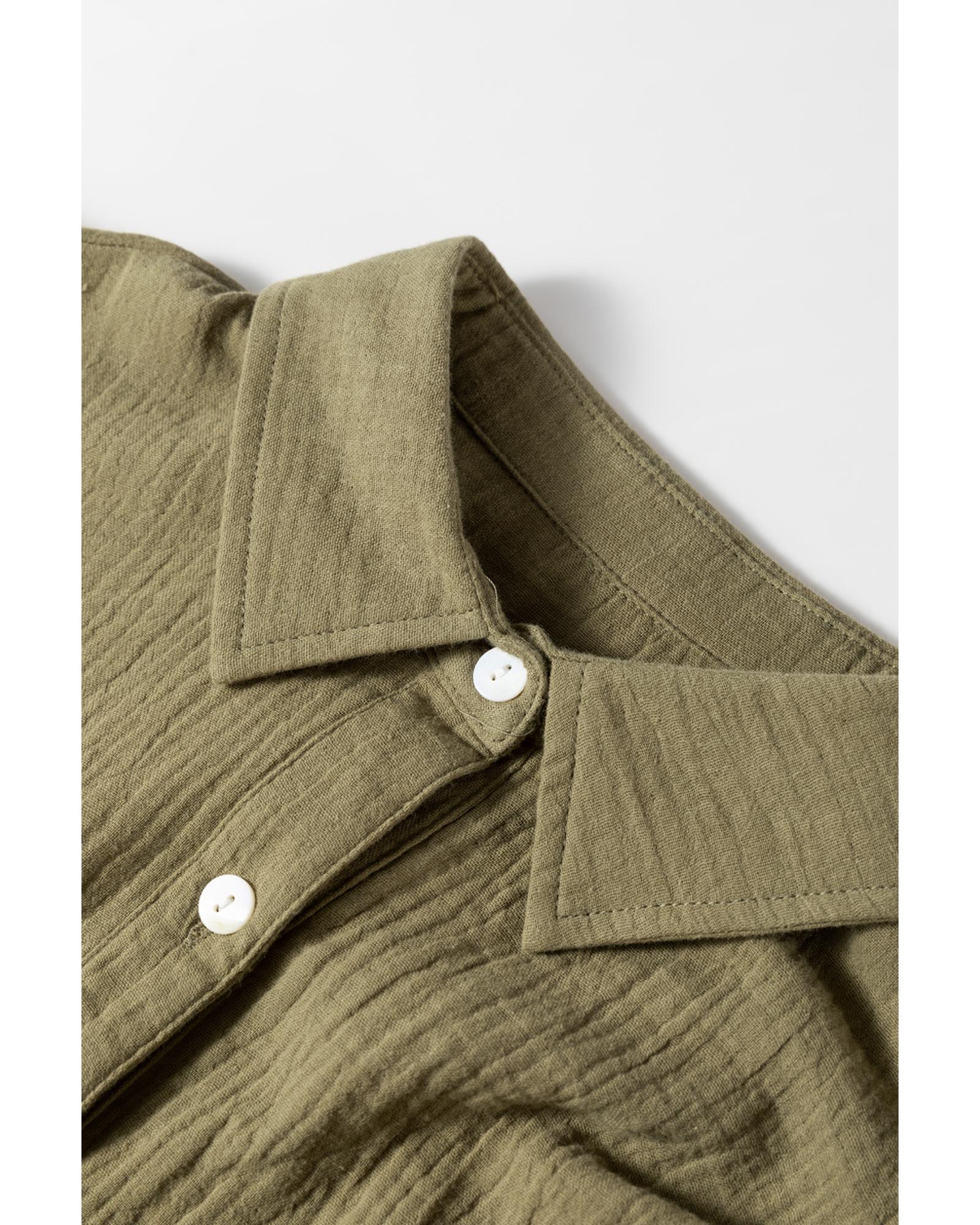 Jungle Green Textured Bracelet Sleeve Collared Button Up Dual Tied Mini Dress - L 7