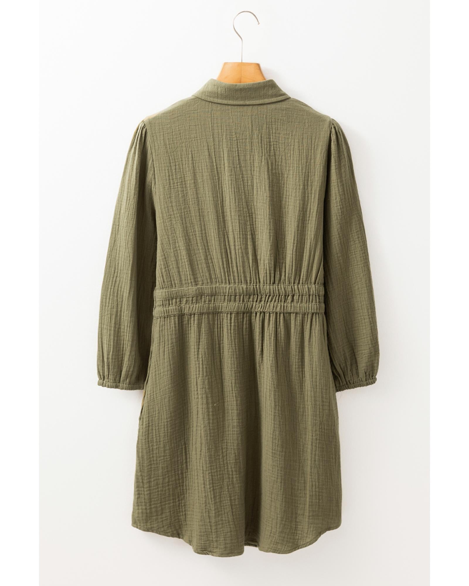 Jungle Green Textured Bracelet Sleeve Collared Button Up Dual Tied Mini Dress - S