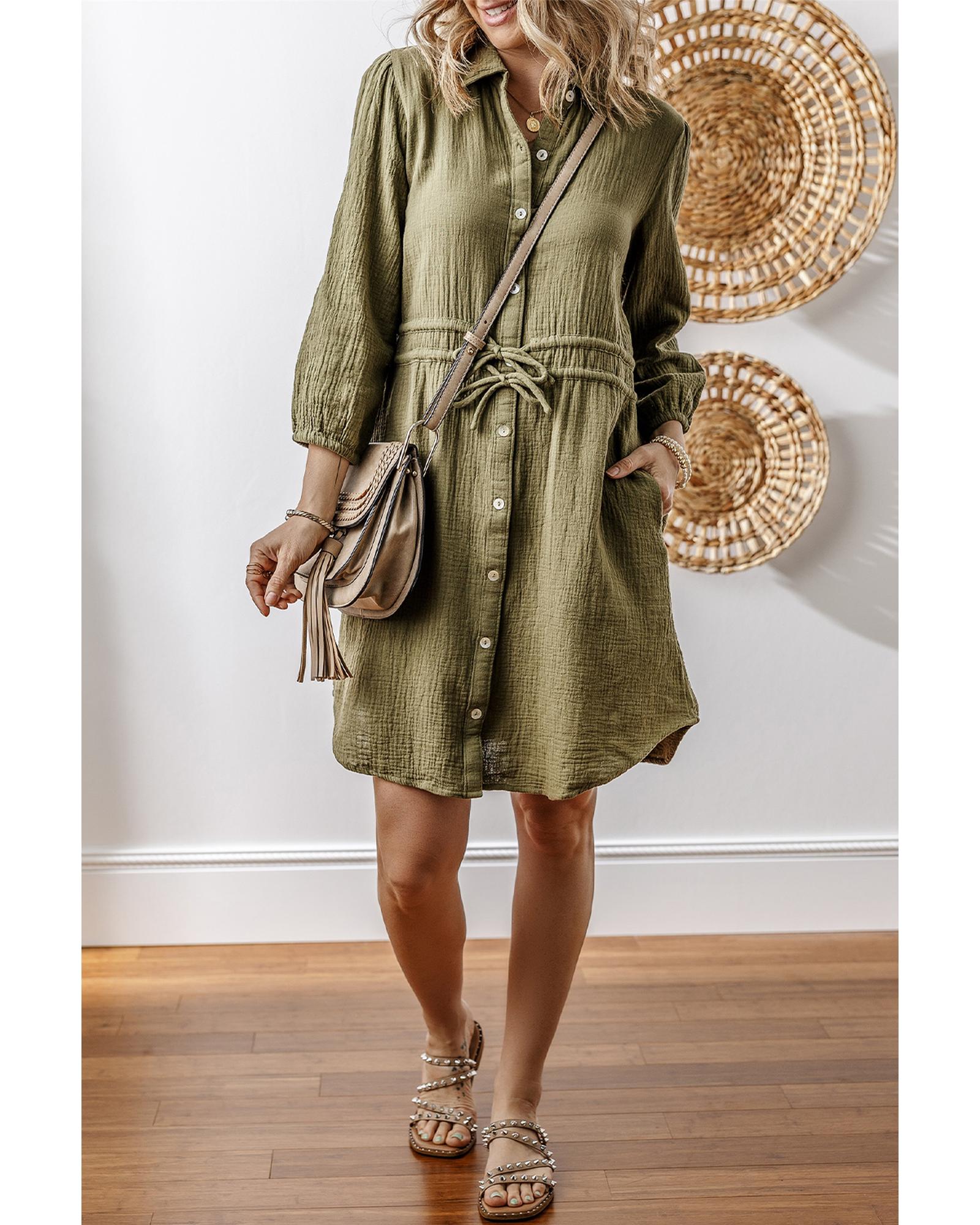 Jungle Green Textured Bracelet Sleeve Collared Button Up Dual Tied Mini Dress - XL 4