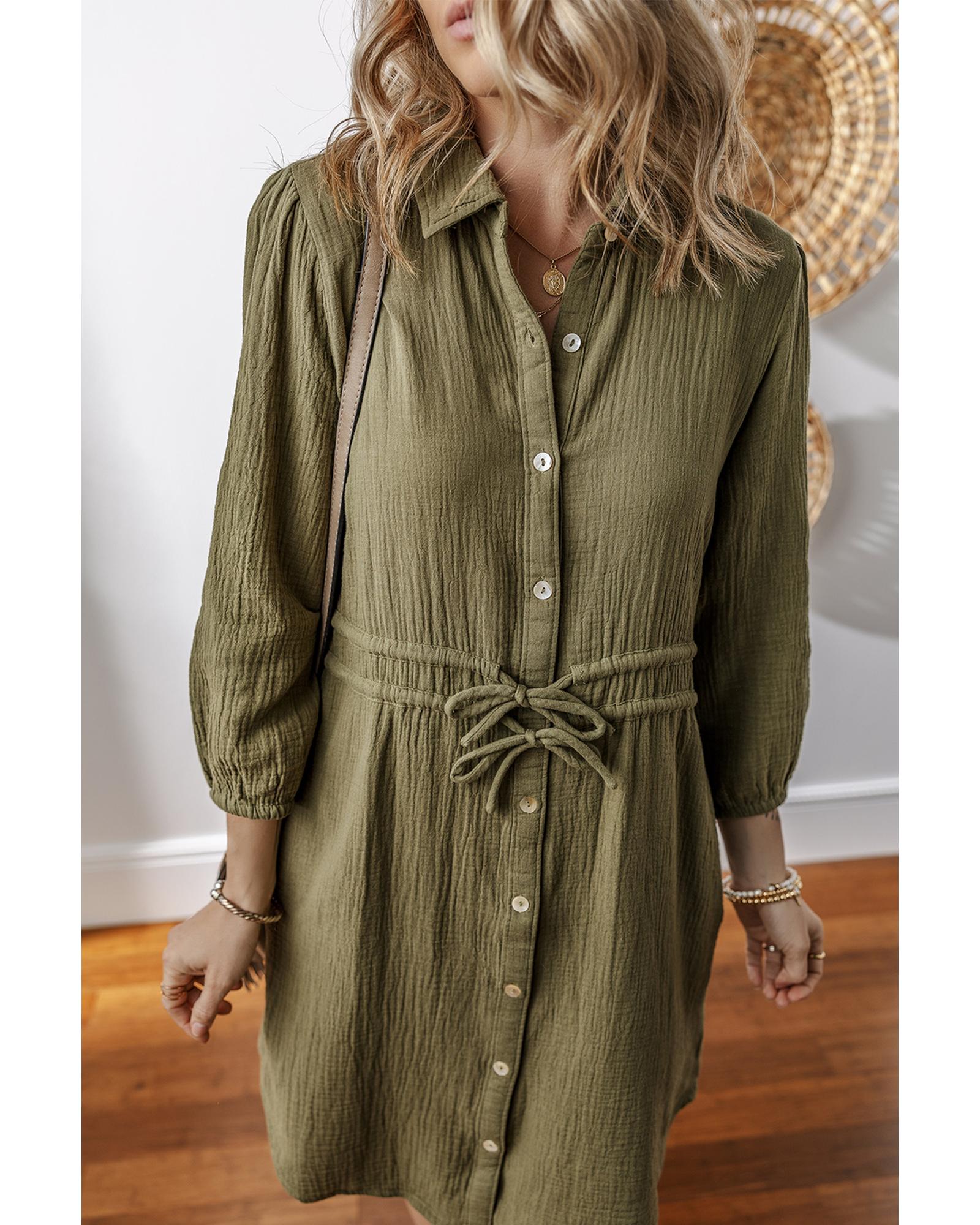 Jungle Green Textured Bracelet Sleeve Collared Button Up Dual Tied Mini Dress - XL 7