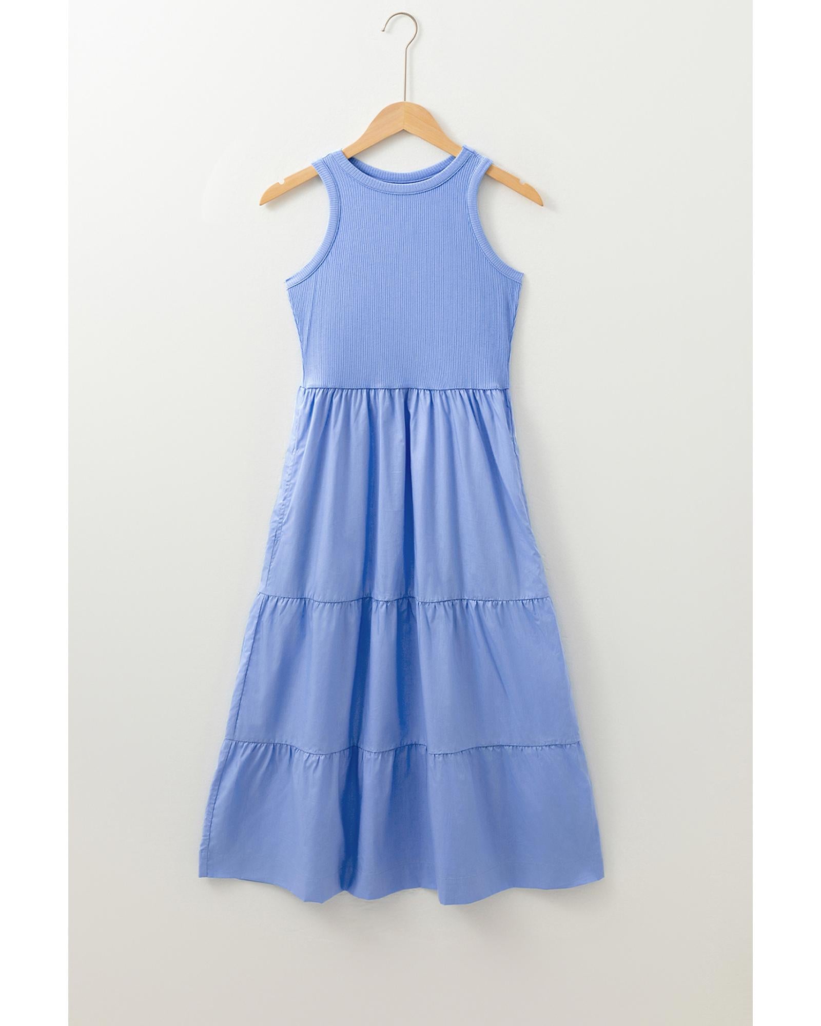 Myosotis Ribbed Vest Patchwork Tiered Midi Dress with Pockets - L 5