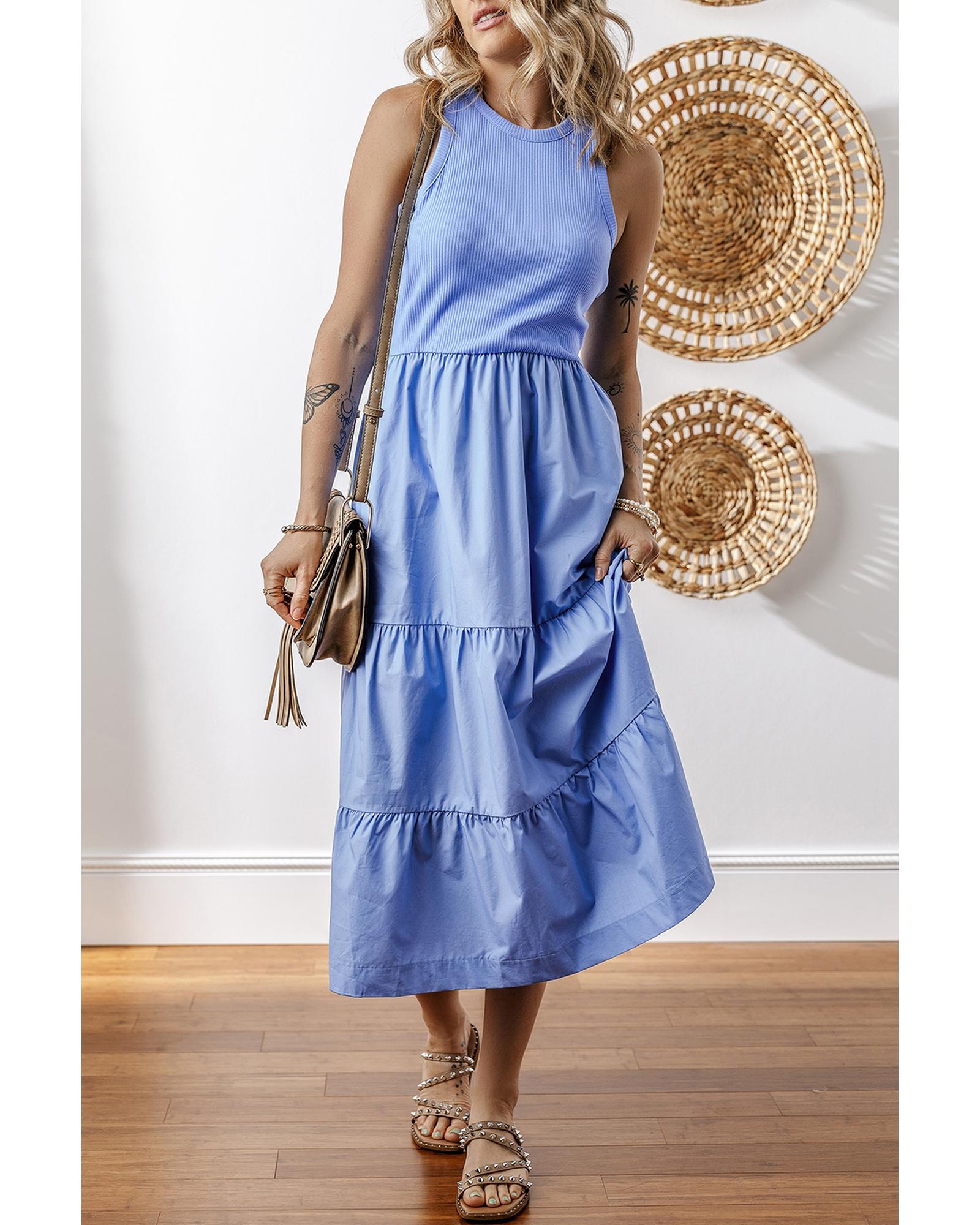 Myosotis Ribbed Vest Patchwork Tiered Midi Dress with Pockets - XL 3