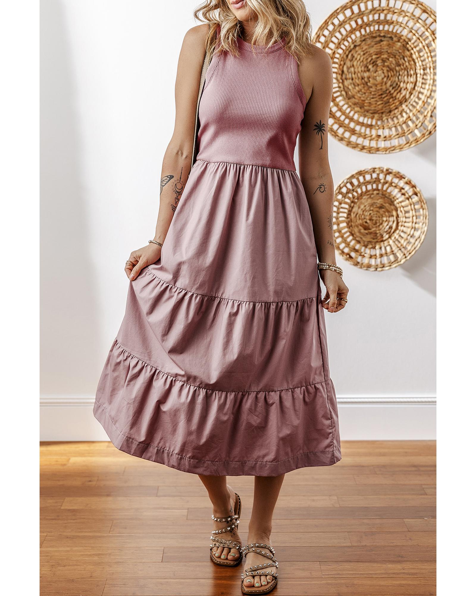 Sepia Rose Ribbed Vest Patchwork Tiered Midi Dress with Pockets - L