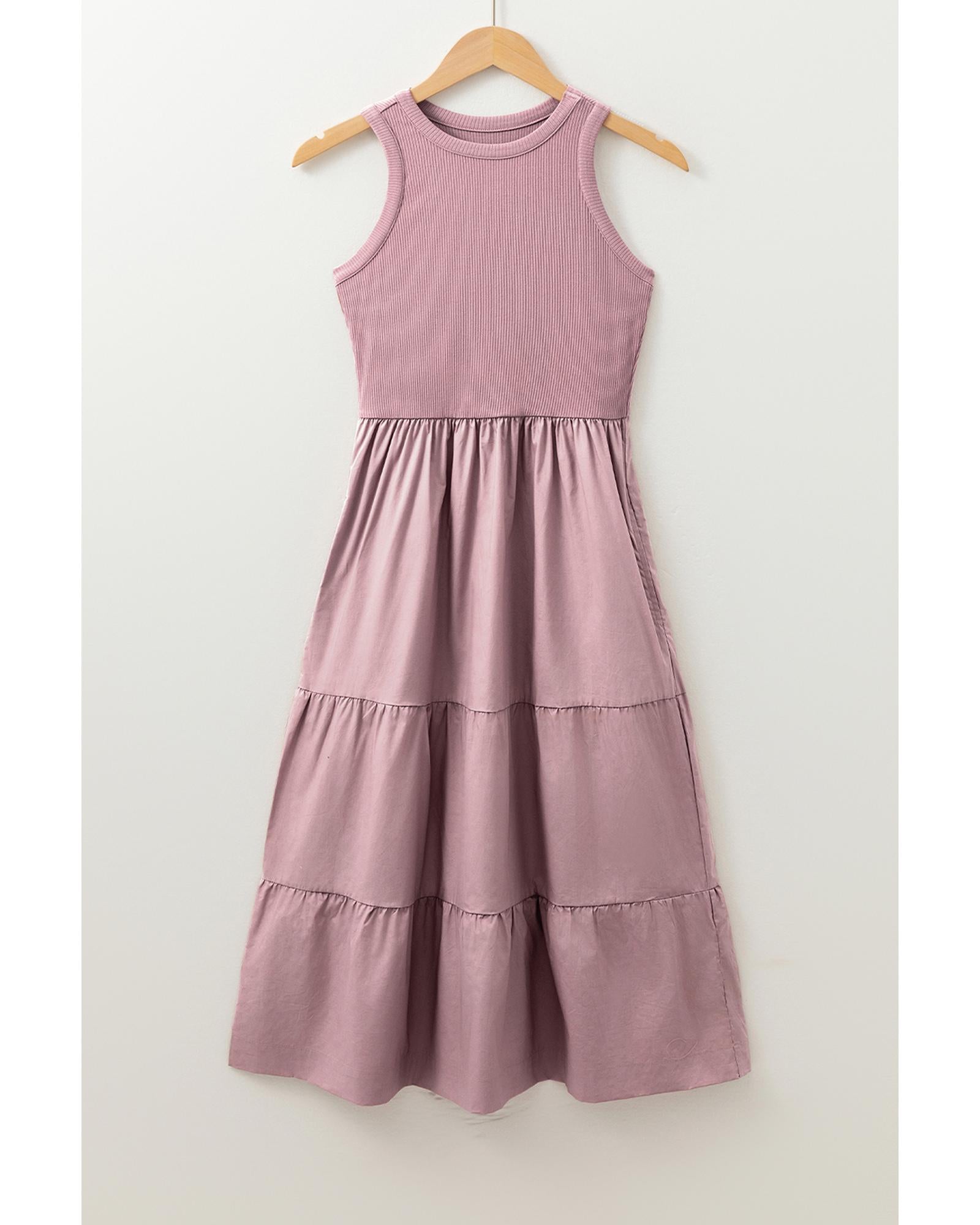Sepia Rose Ribbed Vest Patchwork Tiered Midi Dress with Pockets - L 4