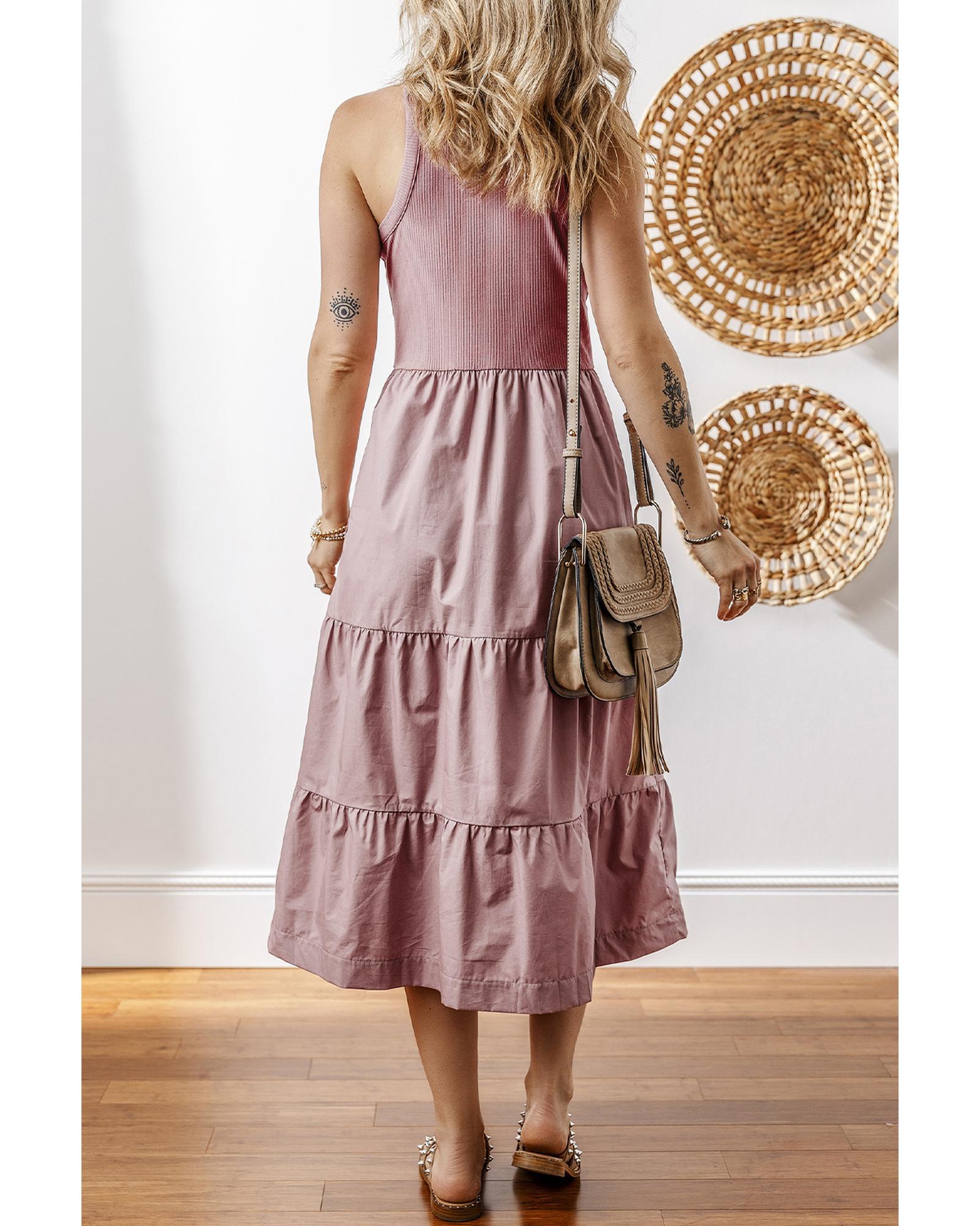 Sepia Rose Ribbed Vest Patchwork Tiered Midi Dress with Pockets - XL