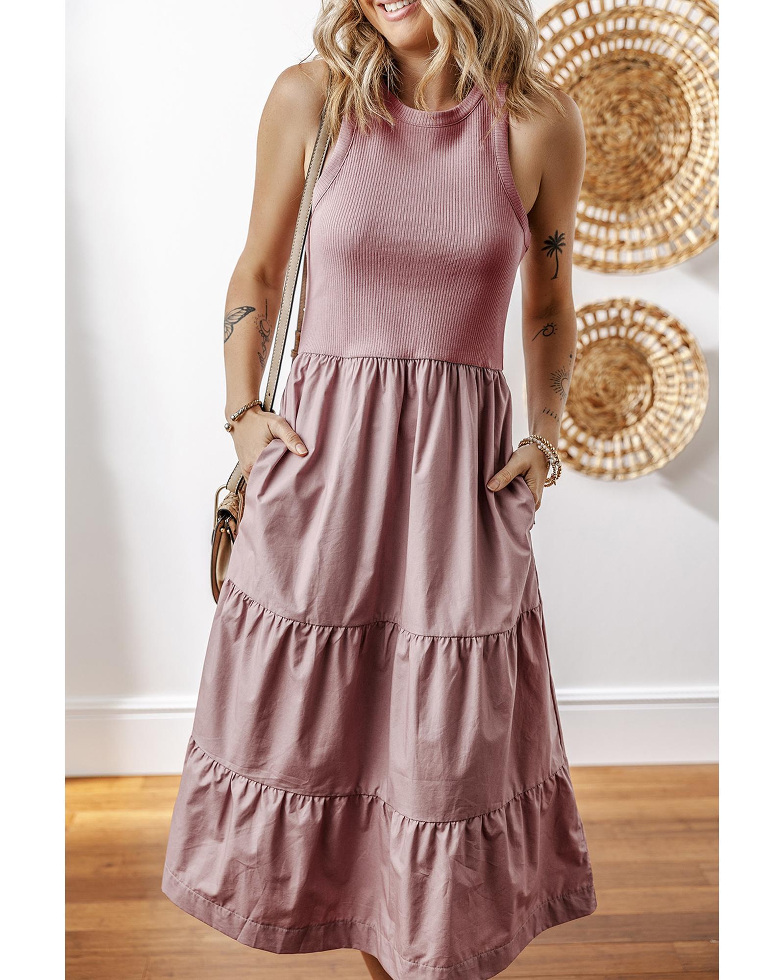 Sepia Rose Ribbed Vest Patchwork Tiered Midi Dress with Pockets - XL 3