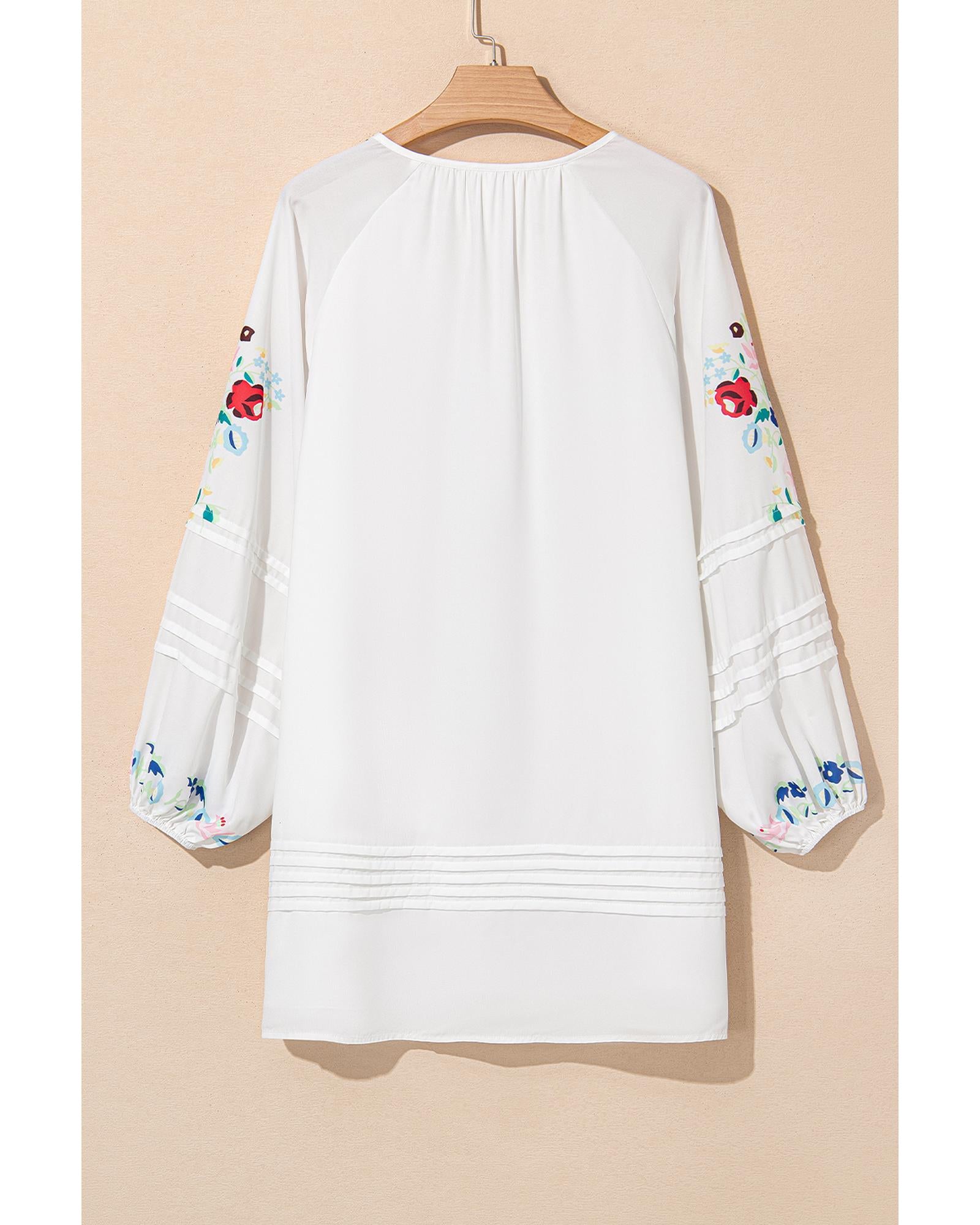 White Floral Print Boho Tassel Tie Split Neck Tucking Detail Puff Sleeve Mini Dress - L 8