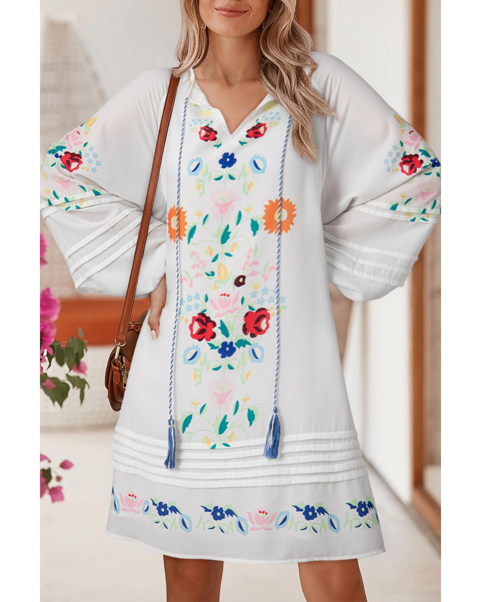 White Floral Print Boho Tassel Tie Split Neck Tucking Detail Puff Sleeve Mini Dress - M