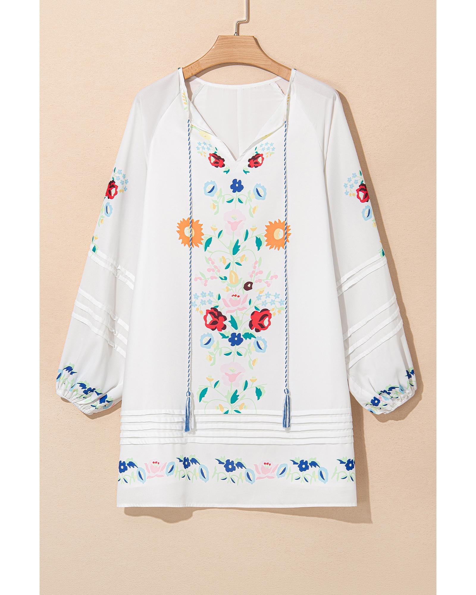 White Floral Print Boho Tassel Tie Split Neck Tucking Detail Puff Sleeve Mini Dress - S
