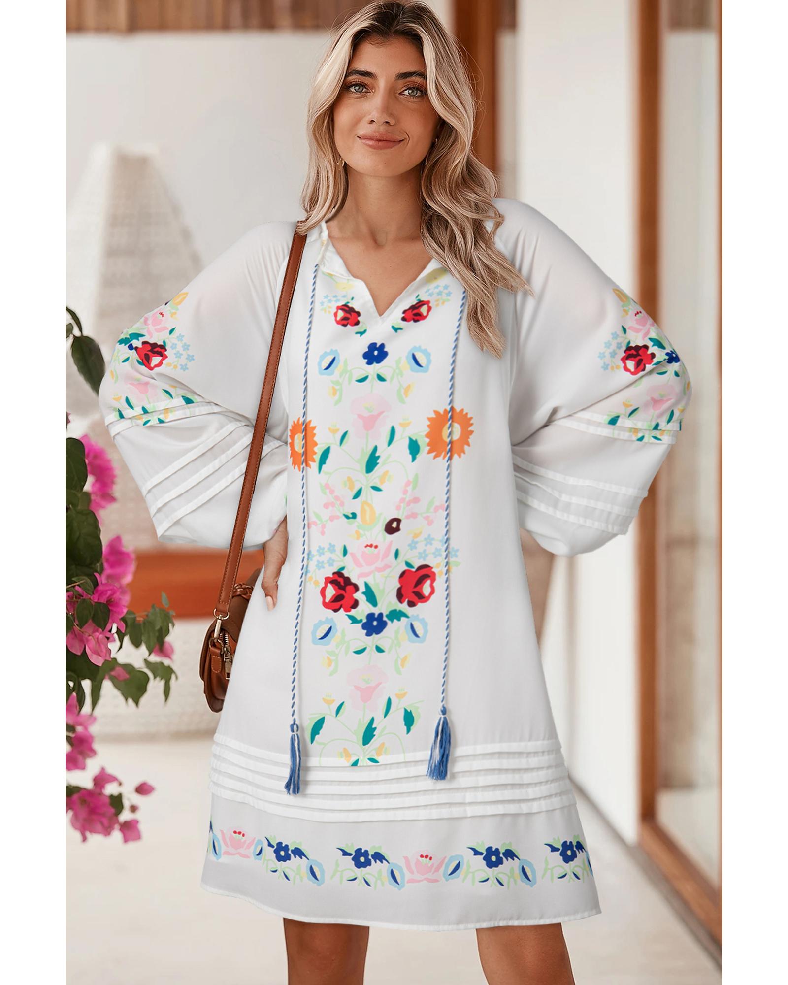 White Floral Print Boho Tassel Tie Split Neck Tucking Detail Puff Sleeve Mini Dress - S 4