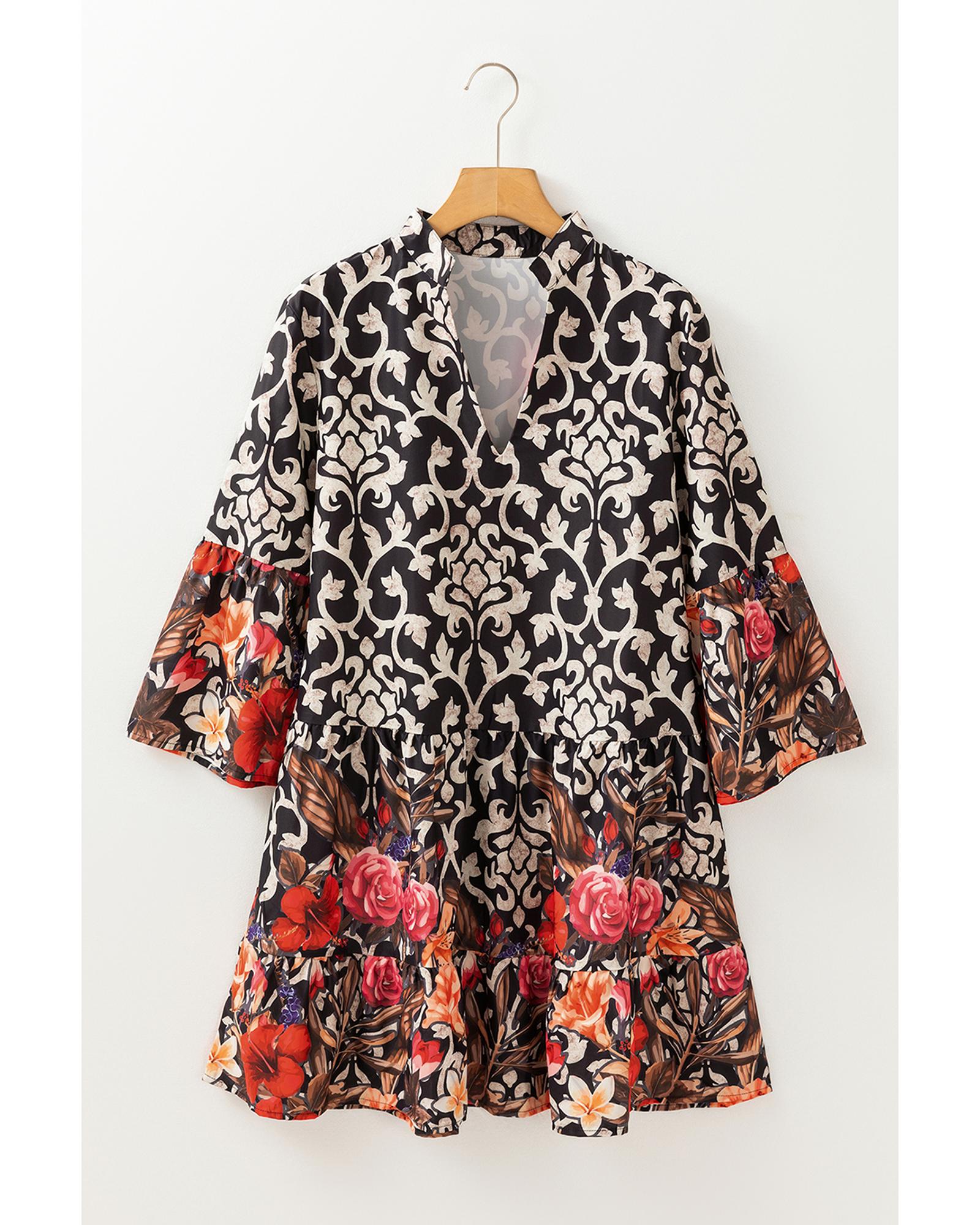Black Retro Floral Mixed Print Split Neck A-line Dress - M
