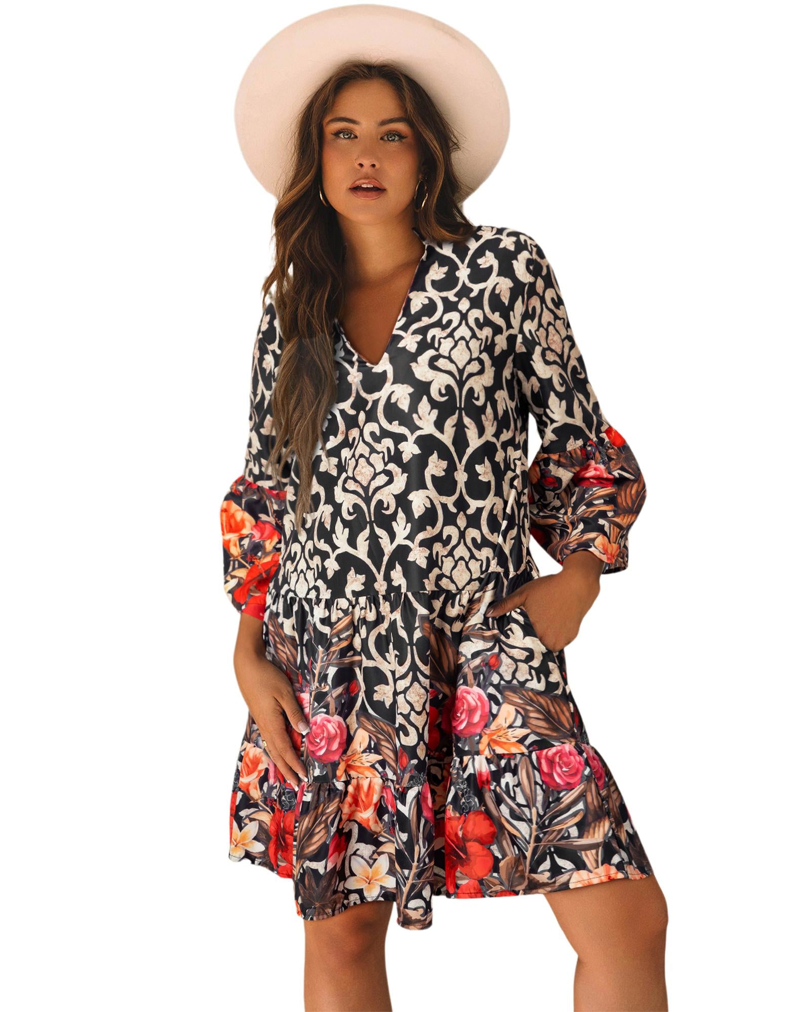 Black Retro Floral Mixed Print Split Neck A-line Dress - M 3