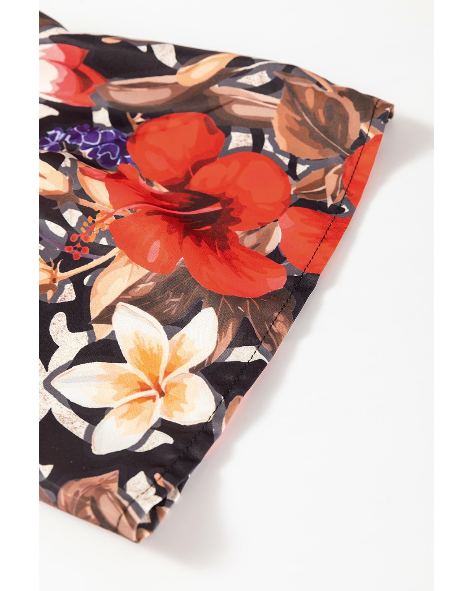 Black Retro Floral Mixed Print Split Neck A-line Dress - M 5