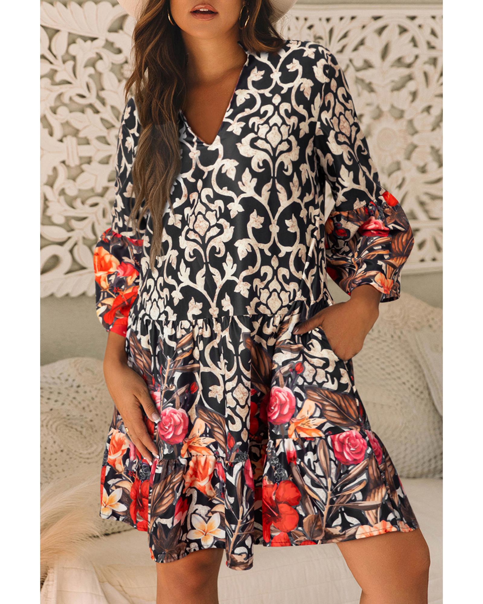 Black Retro Floral Mixed Print Split Neck A-line Dress - M 6