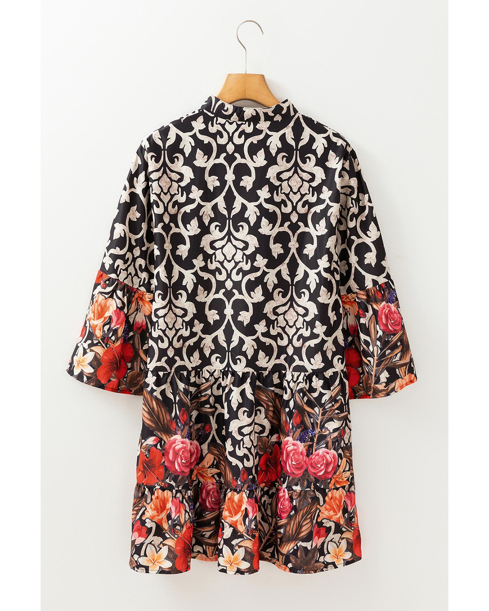 Black Retro Floral Mixed Print Split Neck A-line Dress - M 7