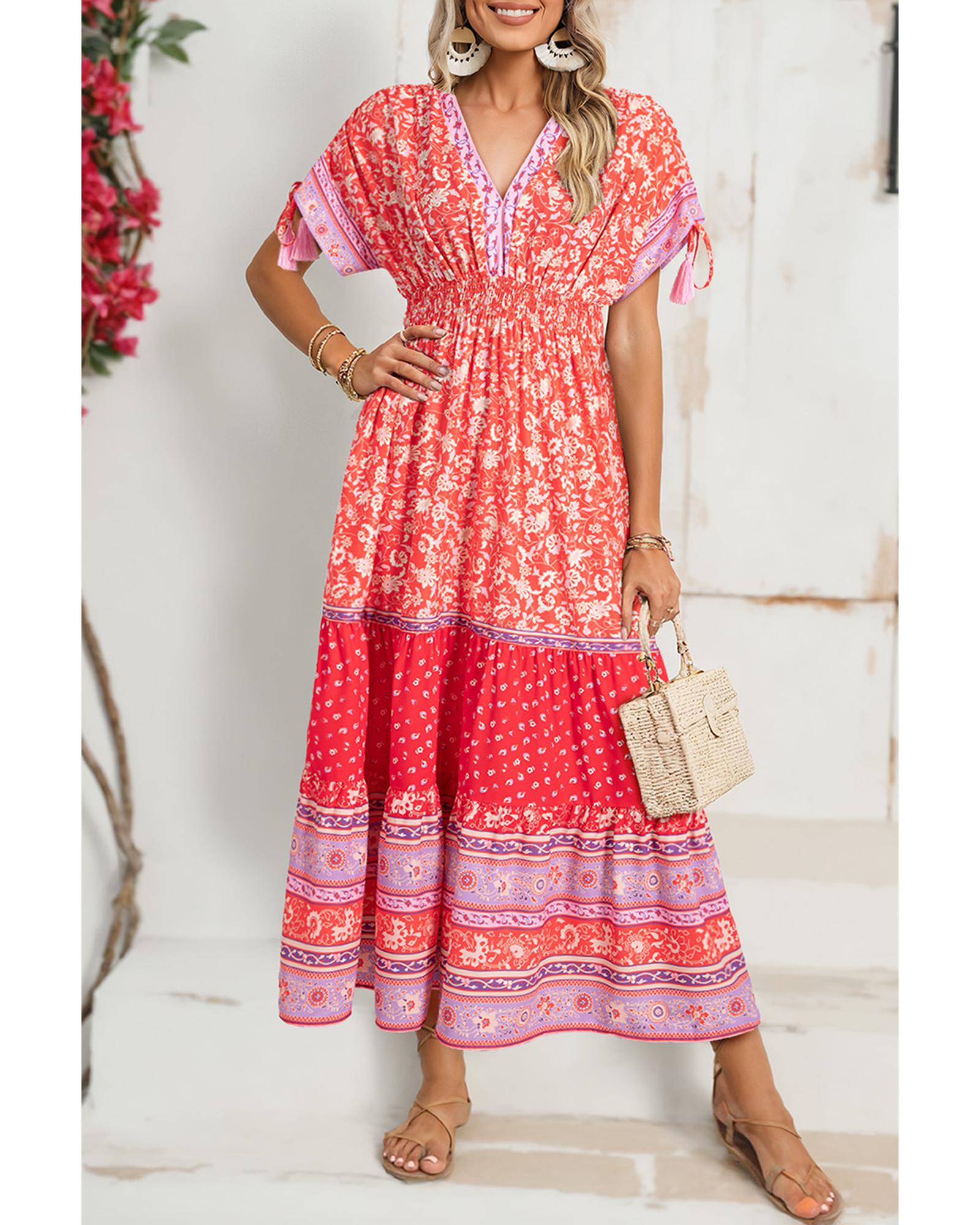 Red Floral Print Tasseled Tied Sleeve Empire Waist Maxi Dress - S 6