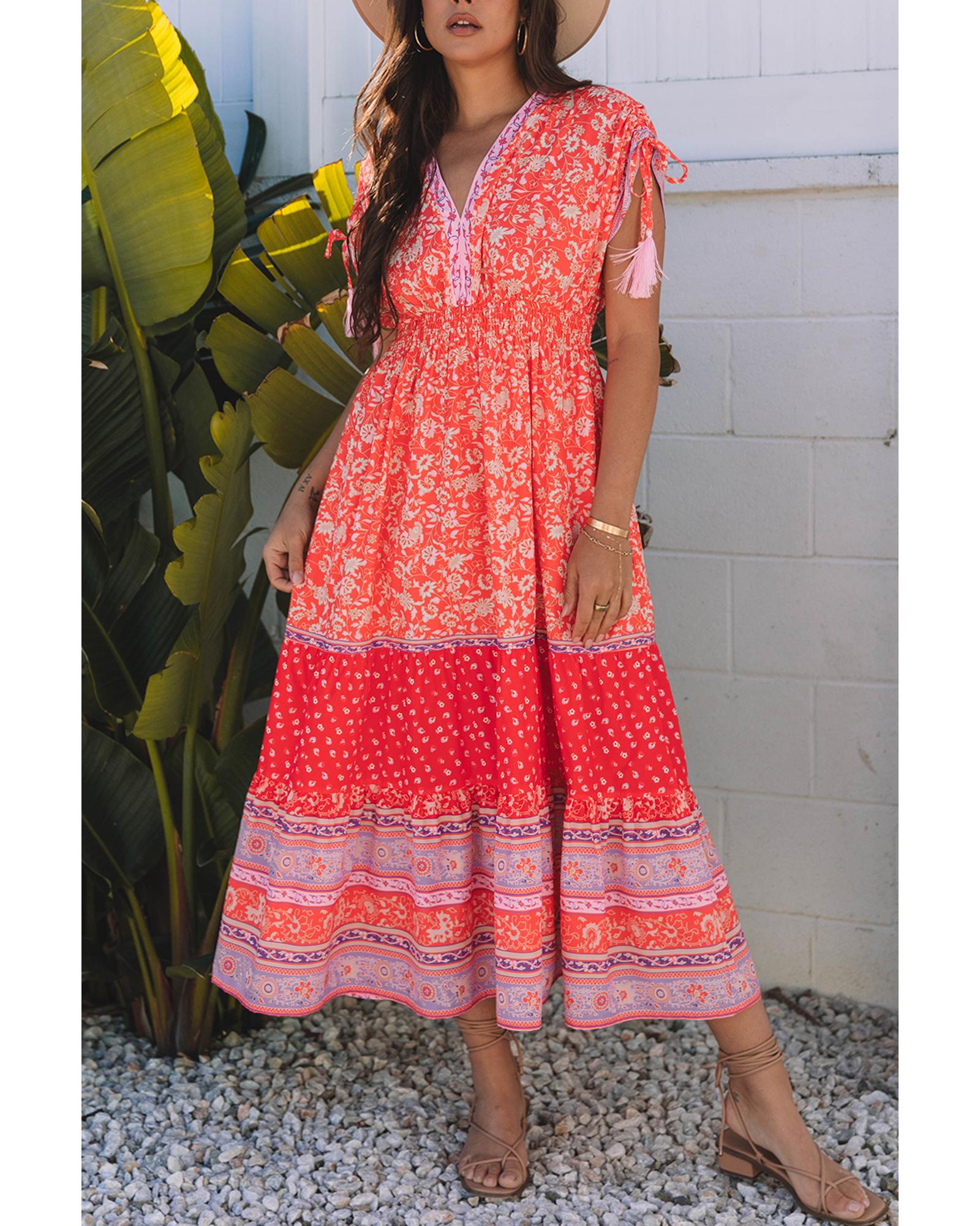 Red Floral Print Tasseled Tied Sleeve Empire Waist Maxi Dress - XL 5