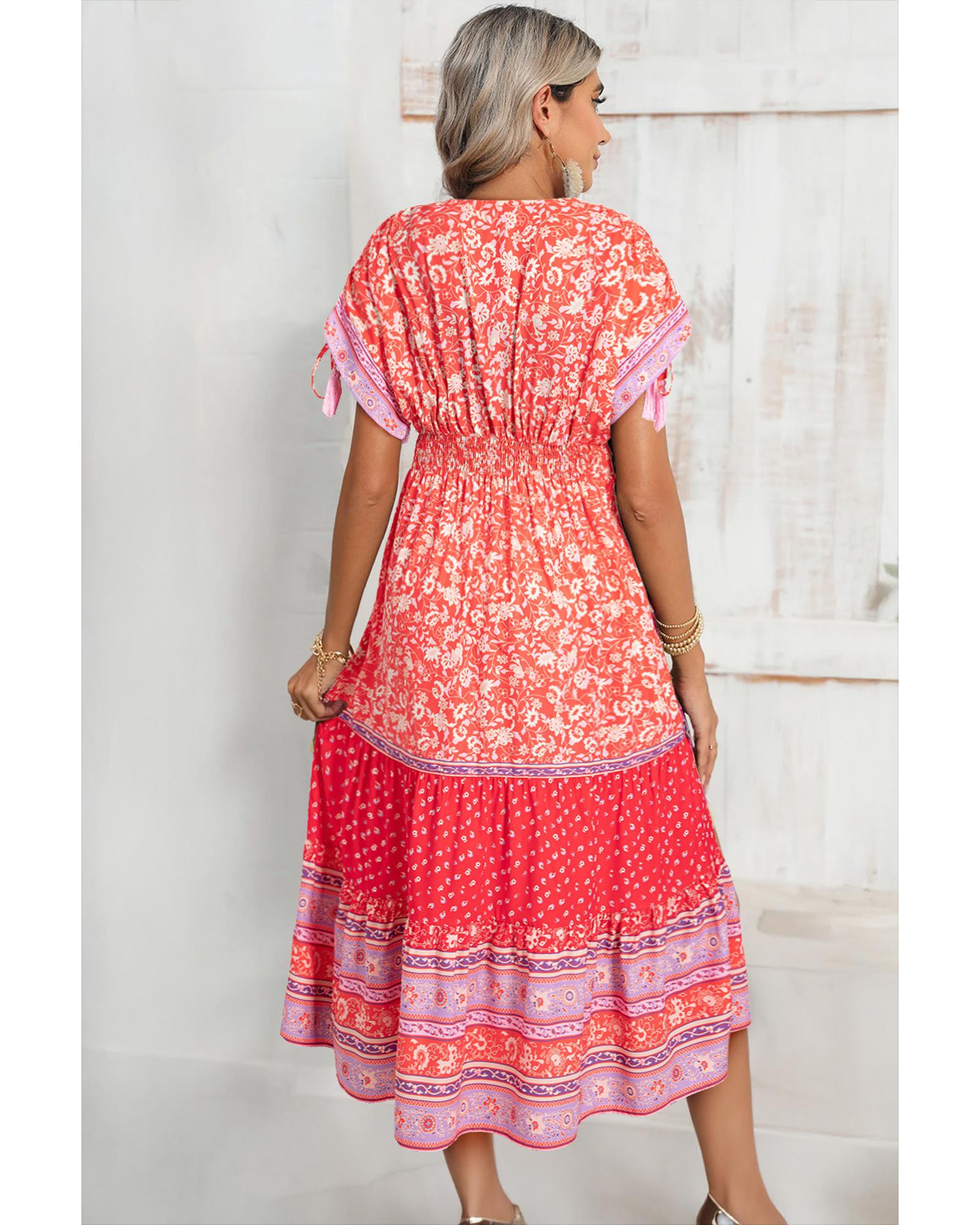 Red Floral Print Tasseled Tied Sleeve Empire Waist Maxi Dress - XL 7