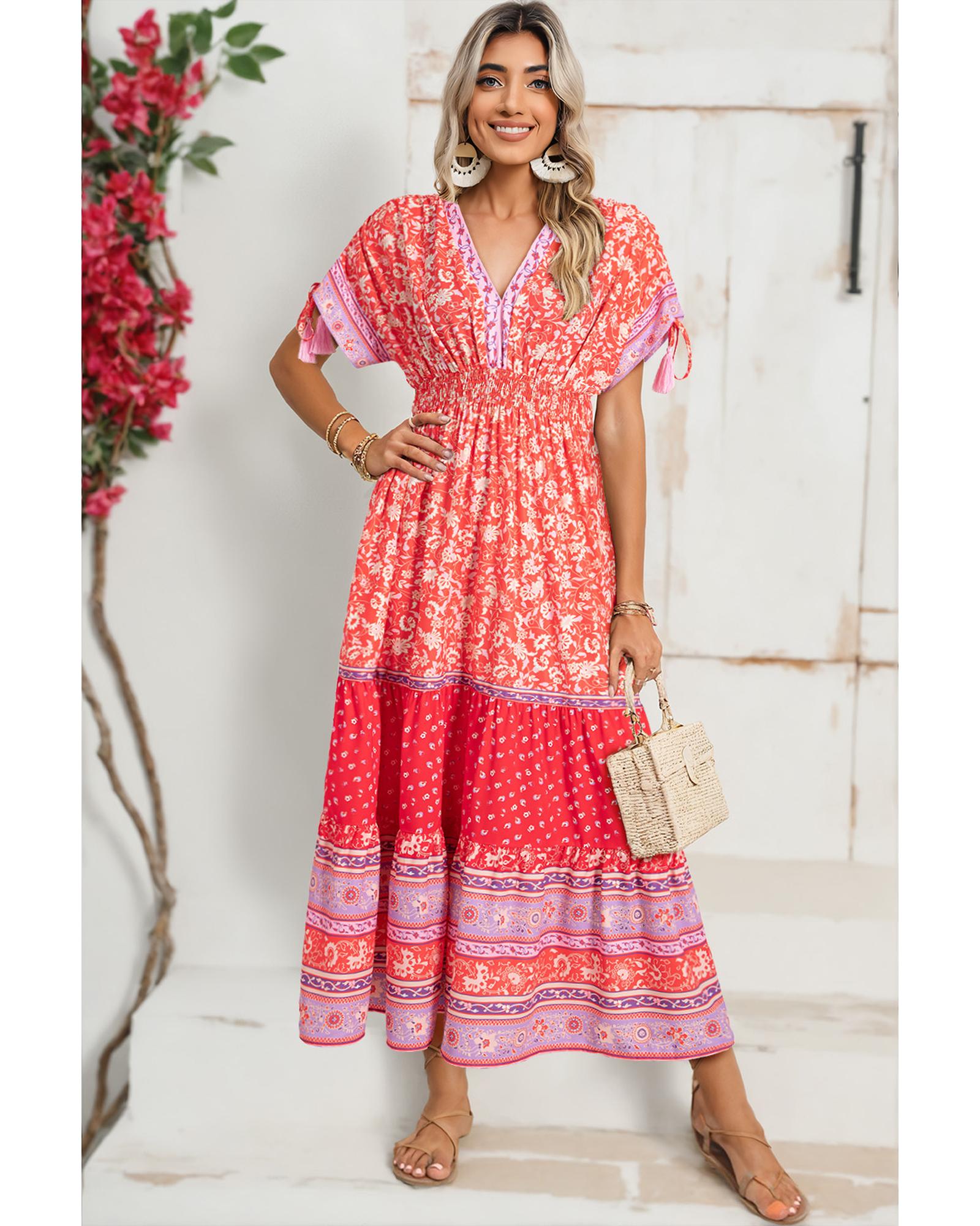 Red Floral Print Tasseled Tied Sleeve Empire Waist Maxi Dress - XL 8