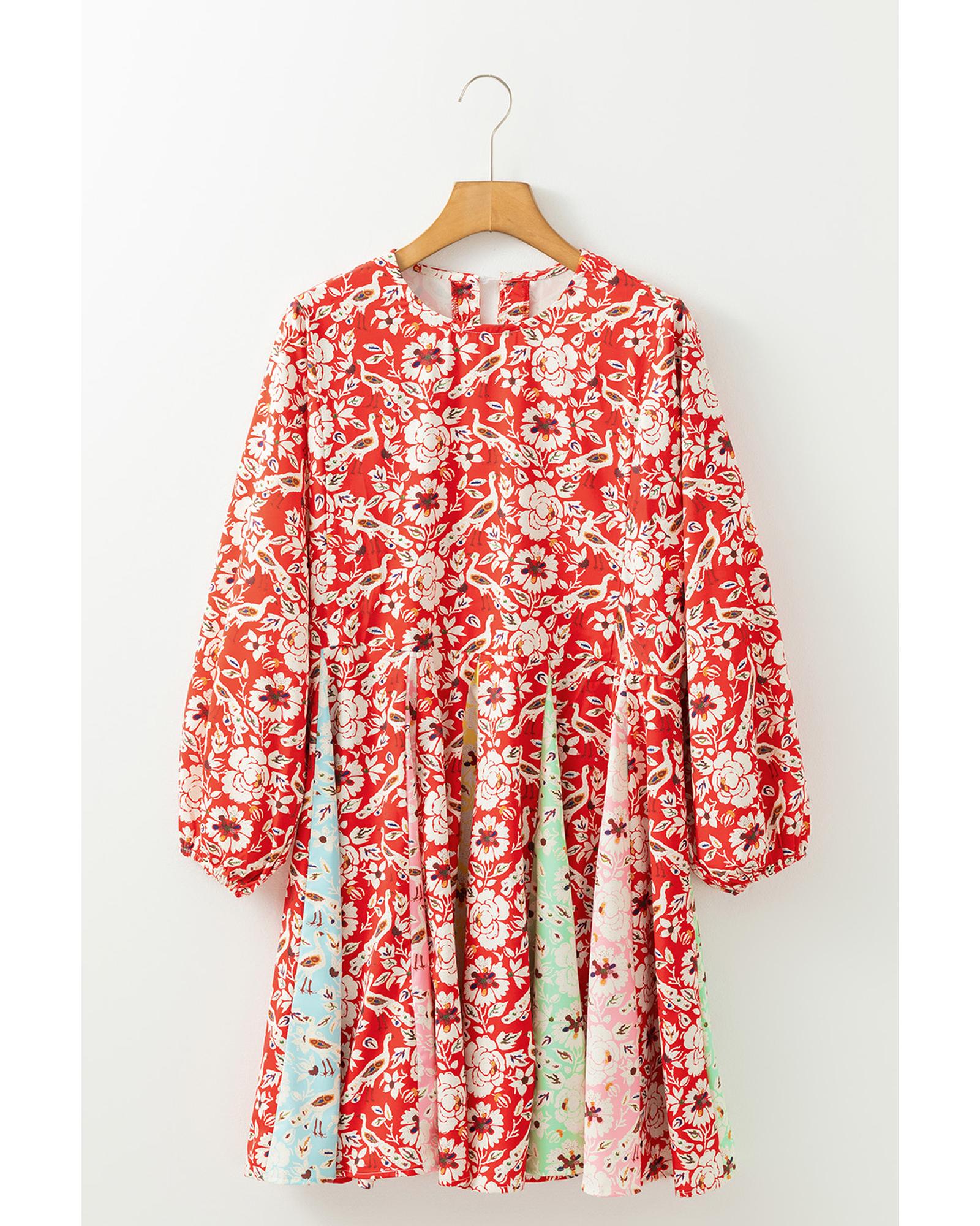 Red Colorful Floral Patchwork Long Sleeve Pleated Mini Dress - L 6