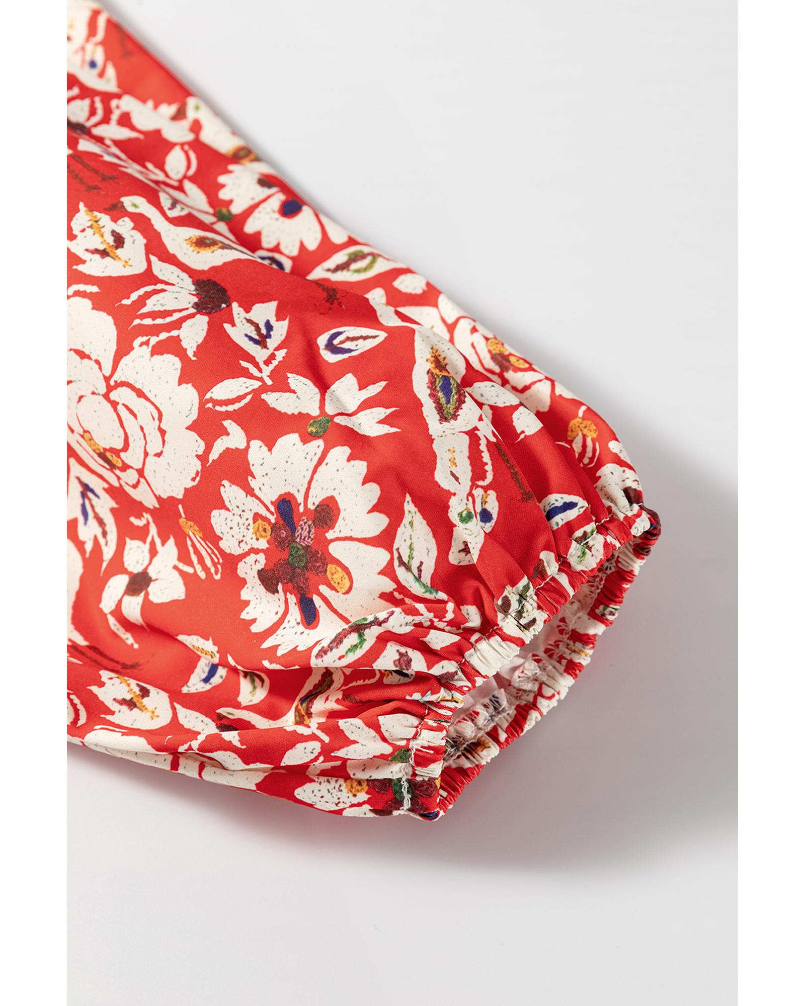 Red Colorful Floral Patchwork Long Sleeve Pleated Mini Dress - M