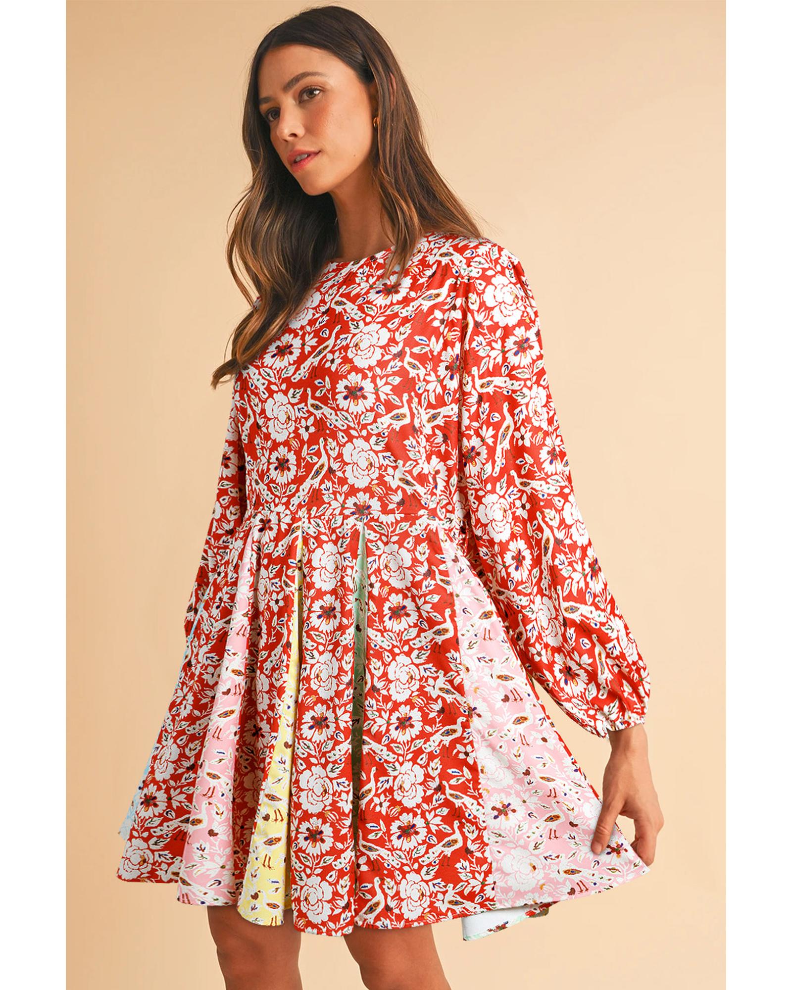 Red Colorful Floral Patchwork Long Sleeve Pleated Mini Dress - M 4