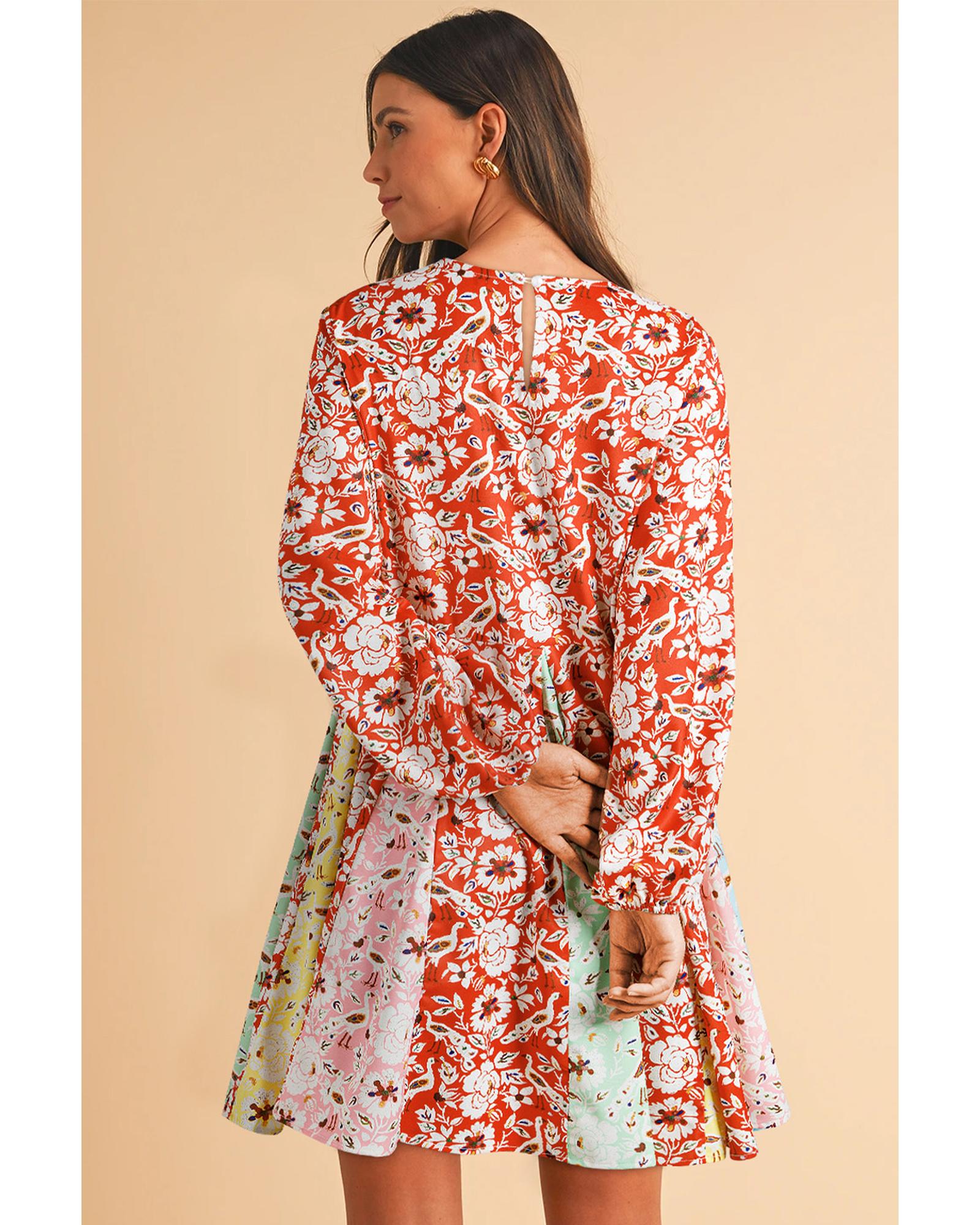 Red Colorful Floral Patchwork Long Sleeve Pleated Mini Dress - M 8