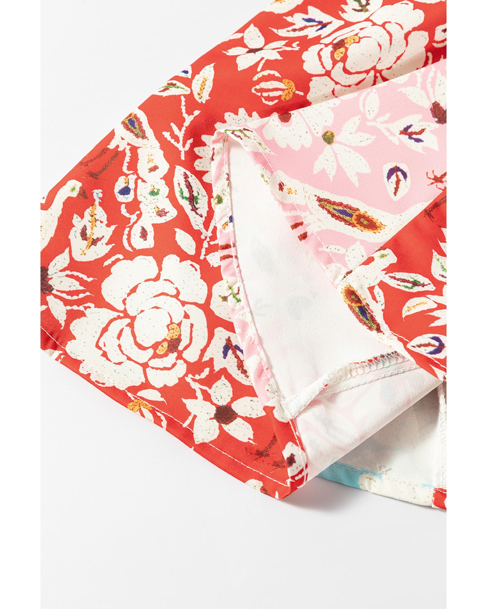 Red Colorful Floral Patchwork Long Sleeve Pleated Mini Dress - S 5