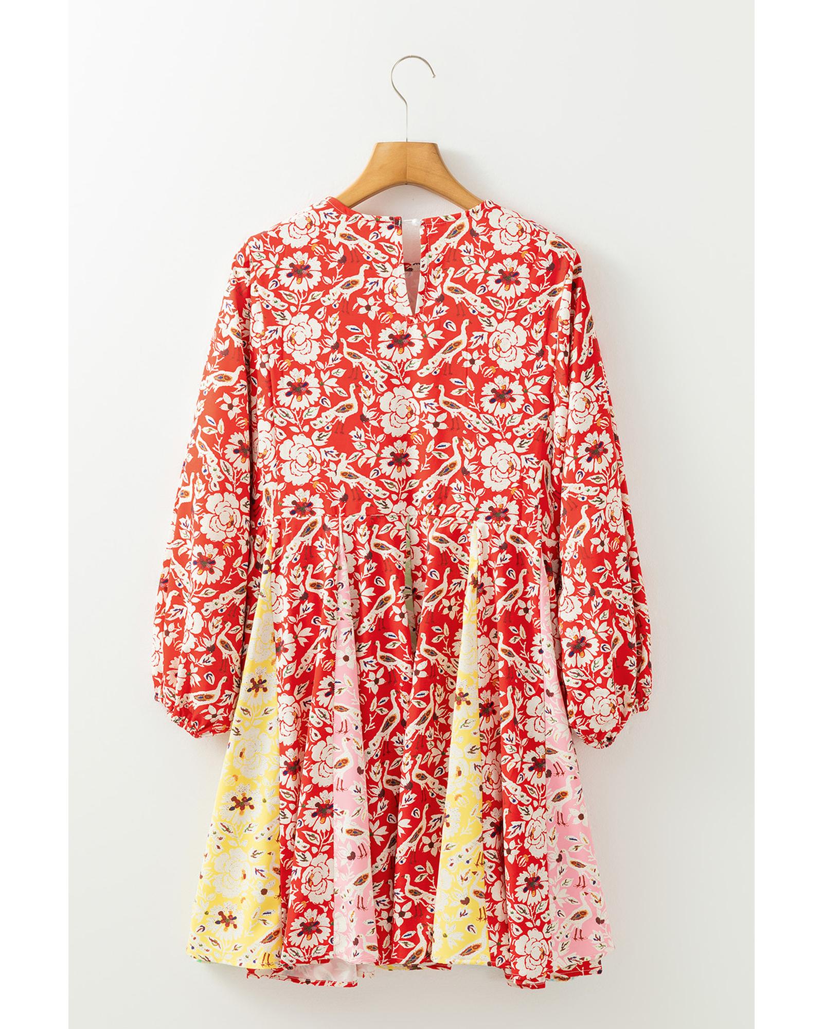 Red Colorful Floral Patchwork Long Sleeve Pleated Mini Dress - XL