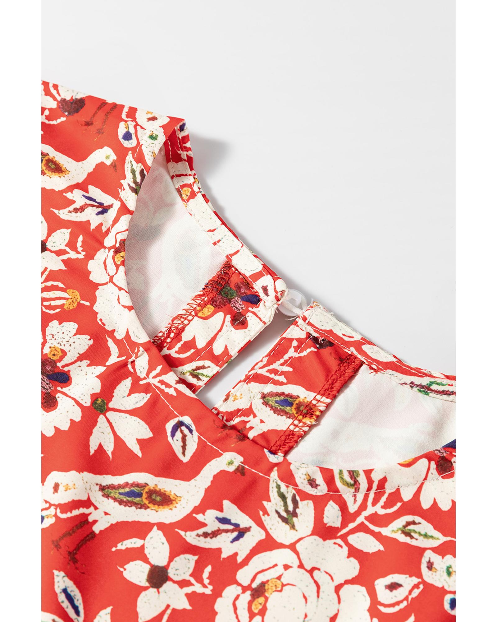 Red Colorful Floral Patchwork Long Sleeve Pleated Mini Dress - XL 7