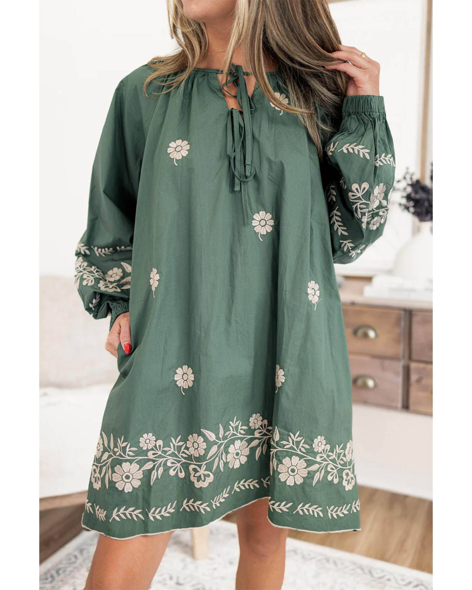 Mist Green Tie Neck Boho Floral Pattern Puff Sleeve Shift Dress - XL