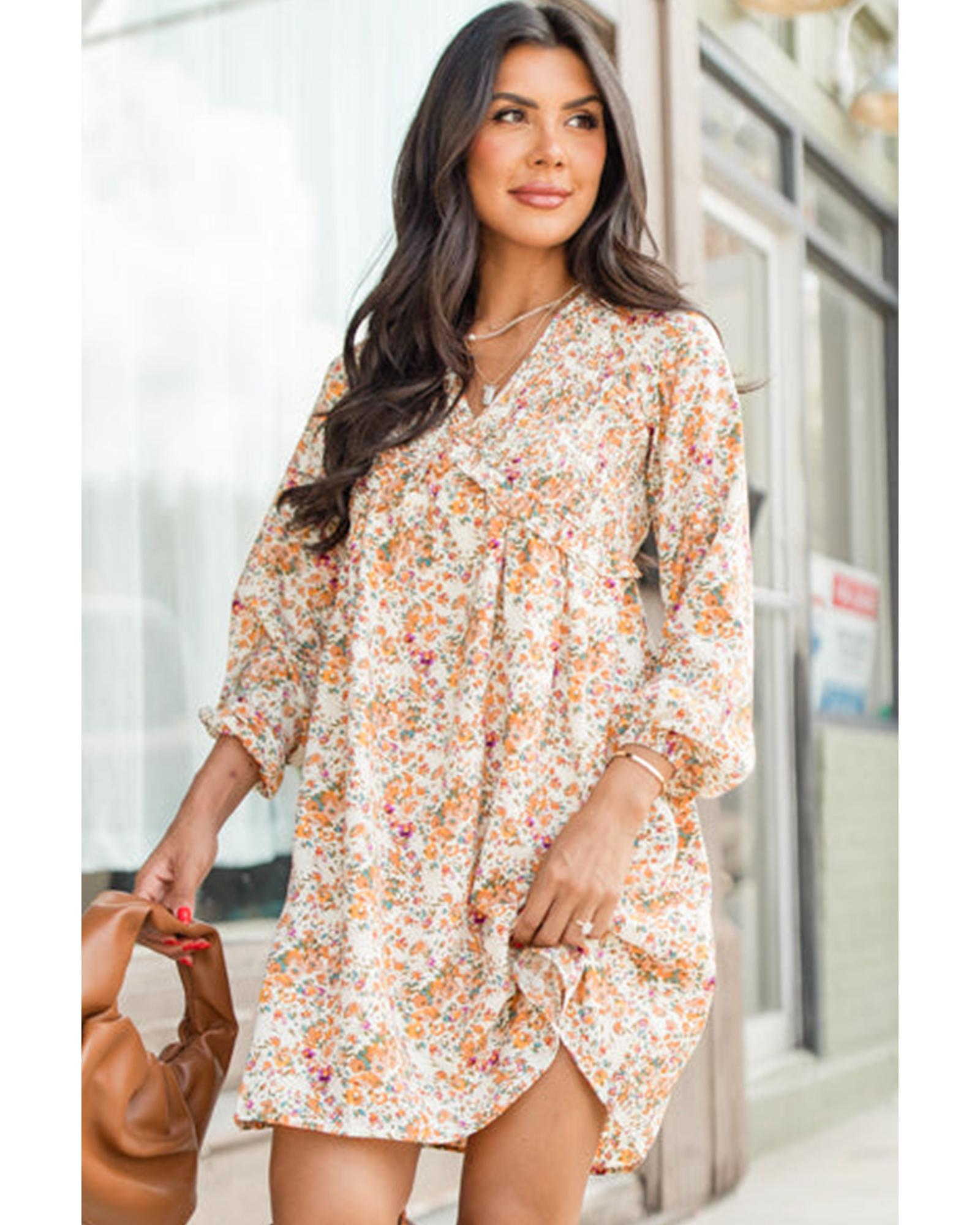 Yellow Boho Floral V Neck Ruffled Empire Waist Long Sleeve Mini Dress - L 4