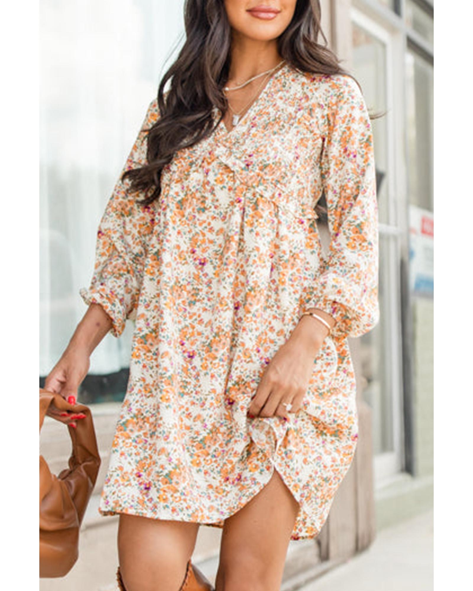 Yellow Boho Floral V Neck Ruffled Empire Waist Long Sleeve Mini Dress - L 6