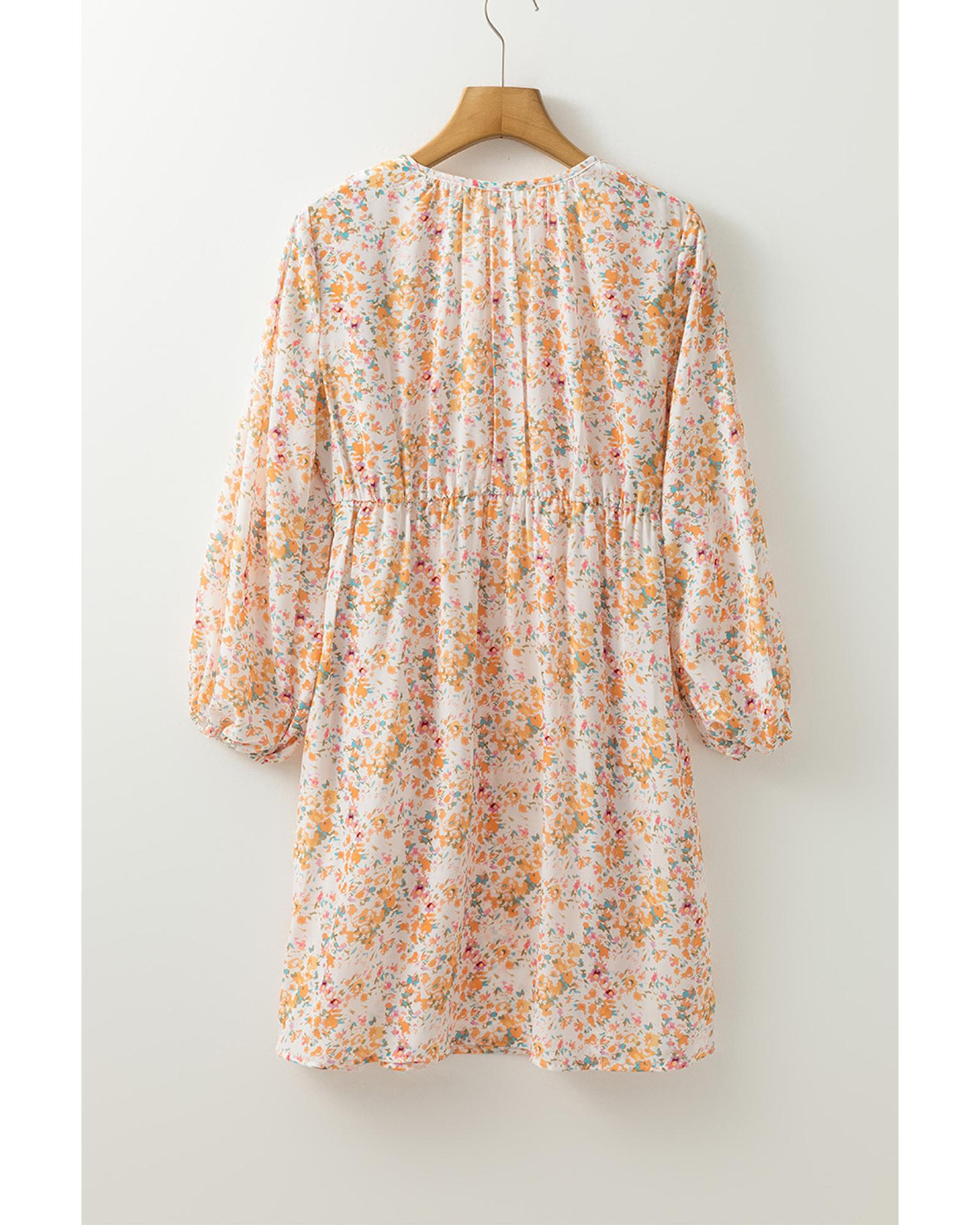 Yellow Boho Floral V Neck Ruffled Empire Waist Long Sleeve Mini Dress - L 8