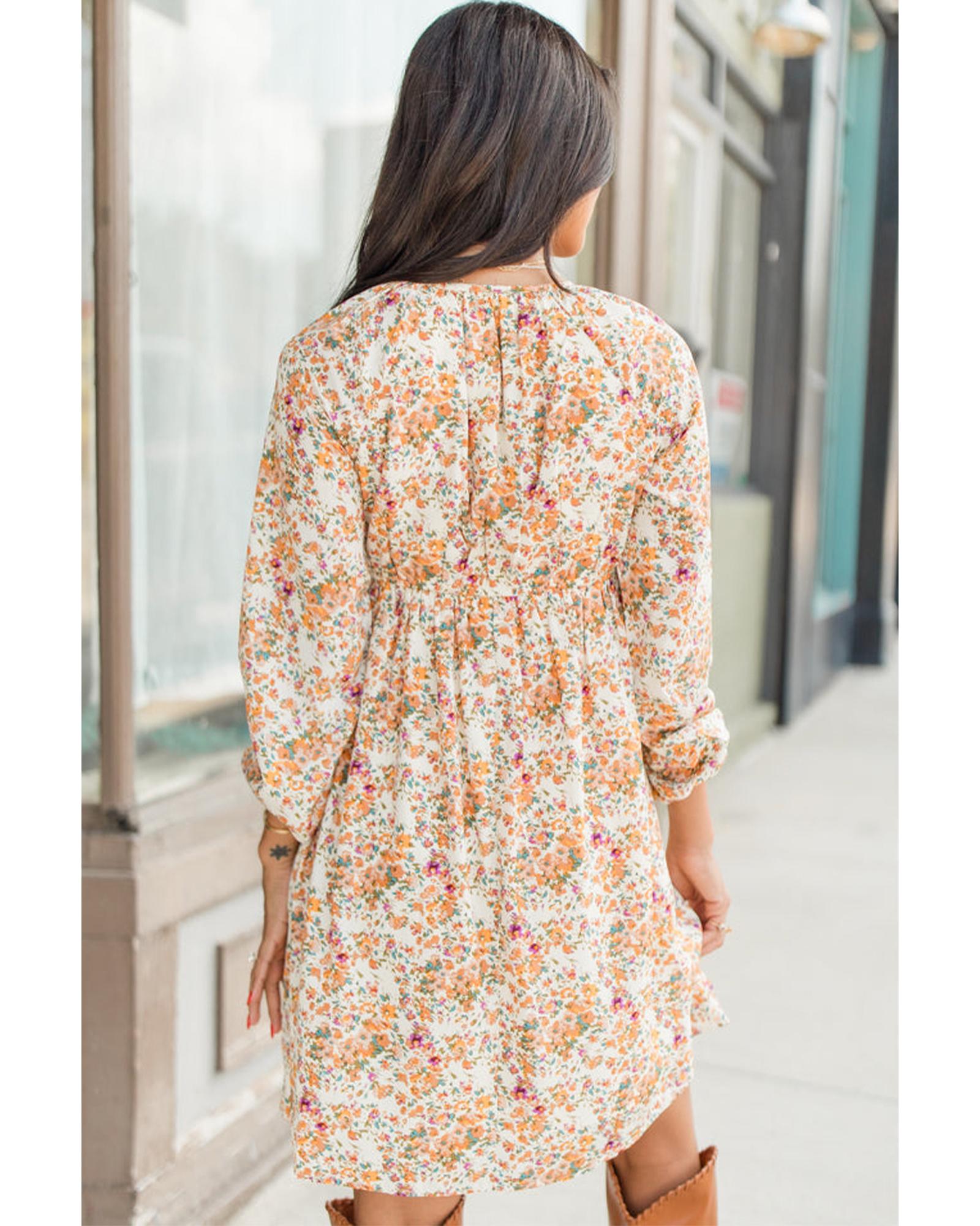 Yellow Boho Floral V Neck Ruffled Empire Waist Long Sleeve Mini Dress - XL