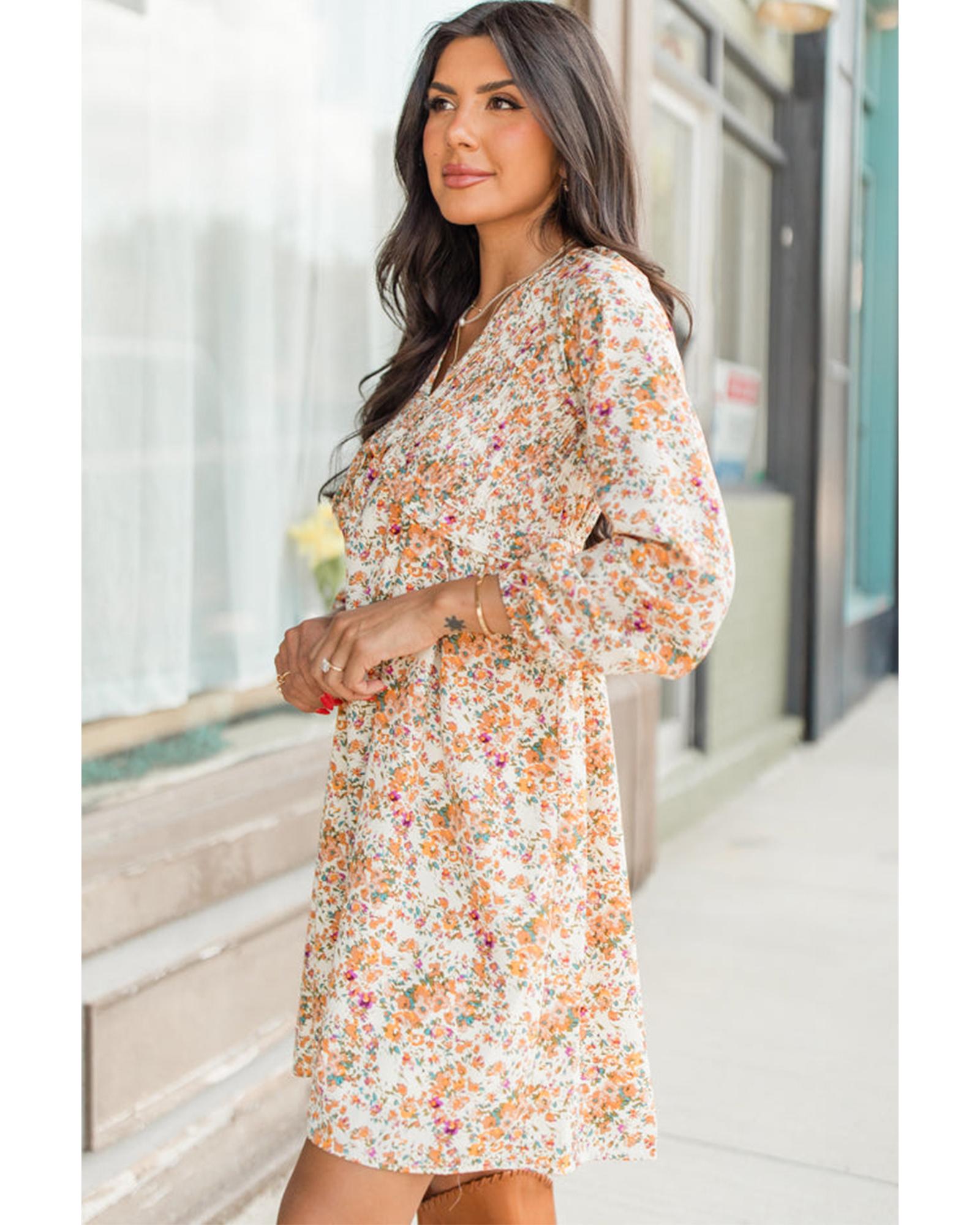 Yellow Boho Floral V Neck Ruffled Empire Waist Long Sleeve Mini Dress - XL