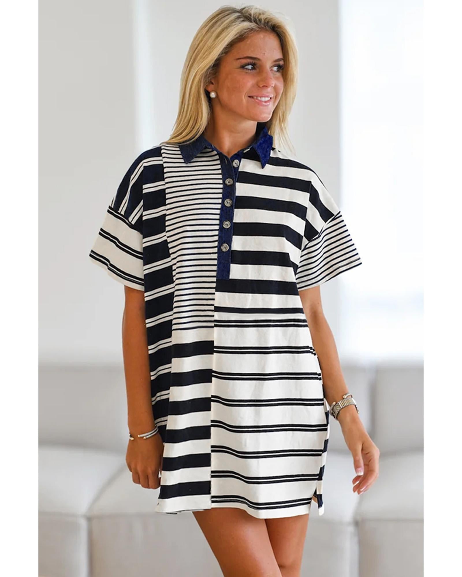Black Stripe Half Placket Polo T Shirt Dress - S