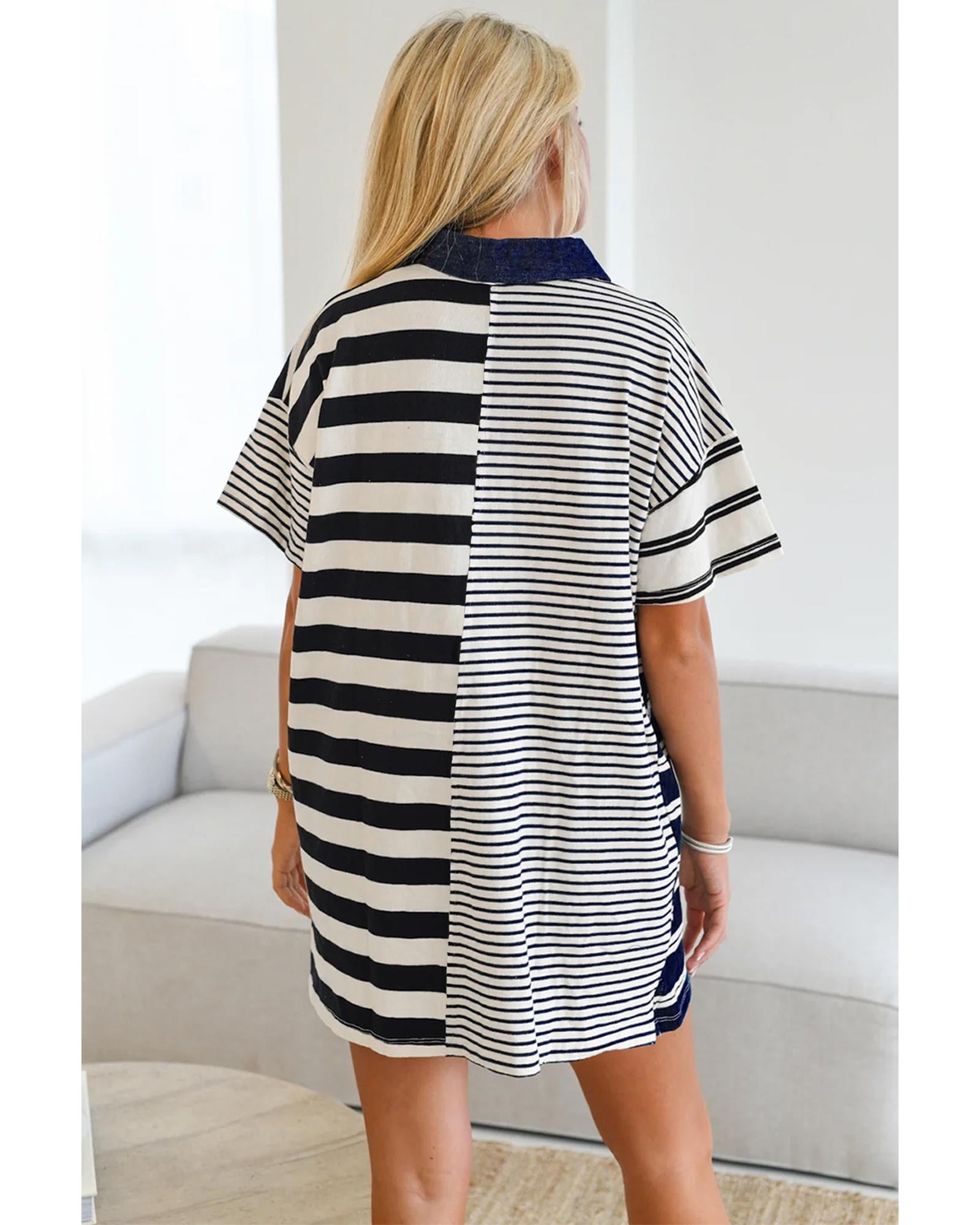 Black Stripe Half Placket Polo T Shirt Dress - XL