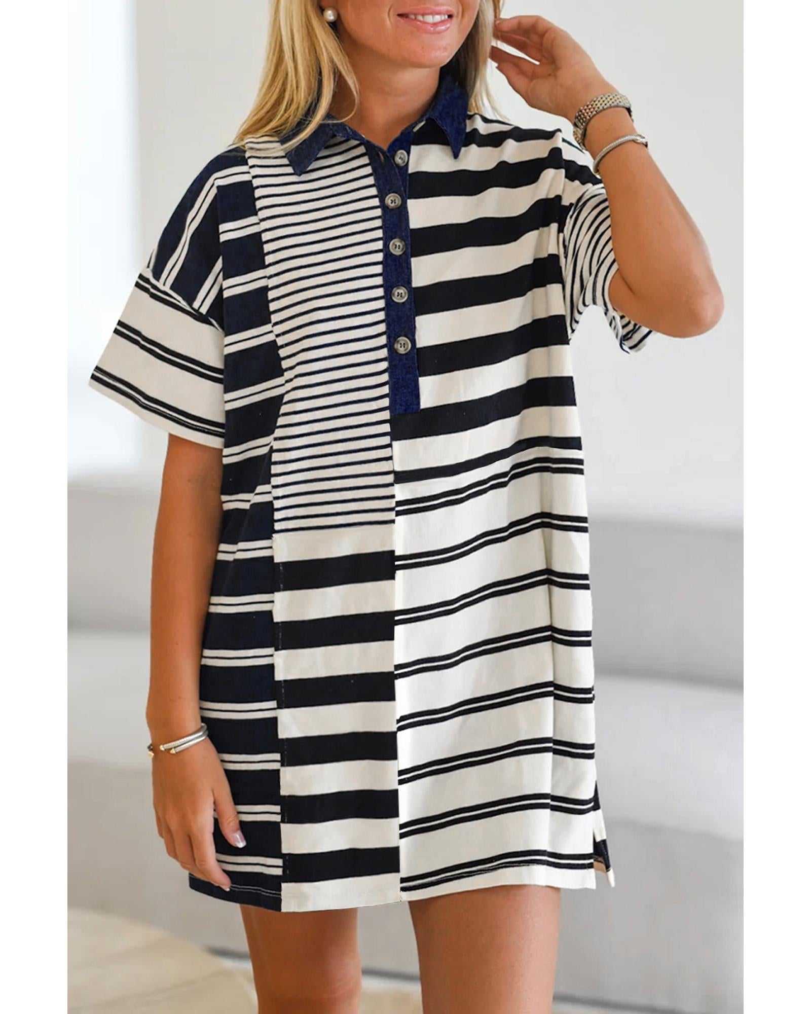 Black Stripe Half Placket Polo T Shirt Dress - XL 3