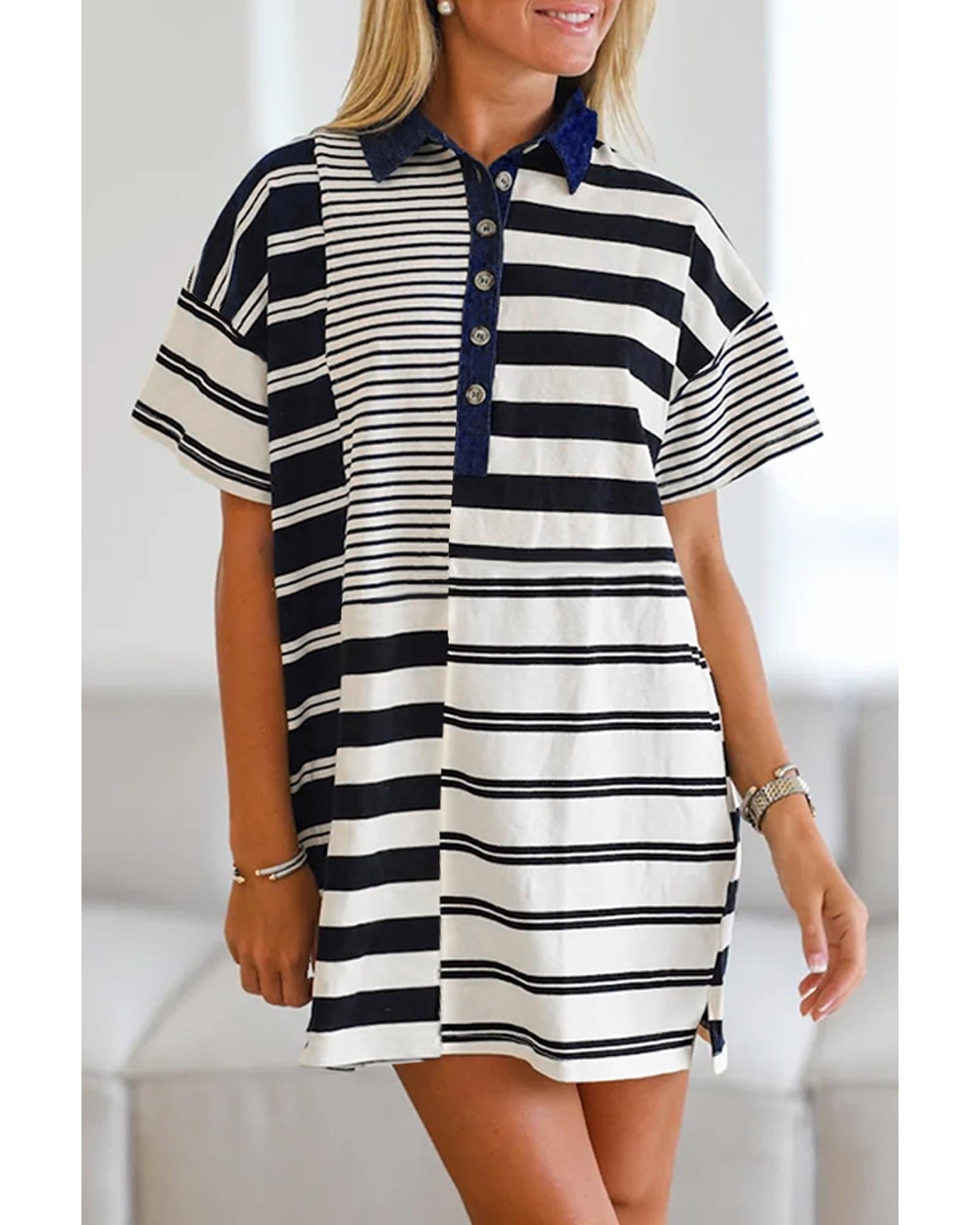 Black Stripe Half Placket Polo T Shirt Dress - XL 4