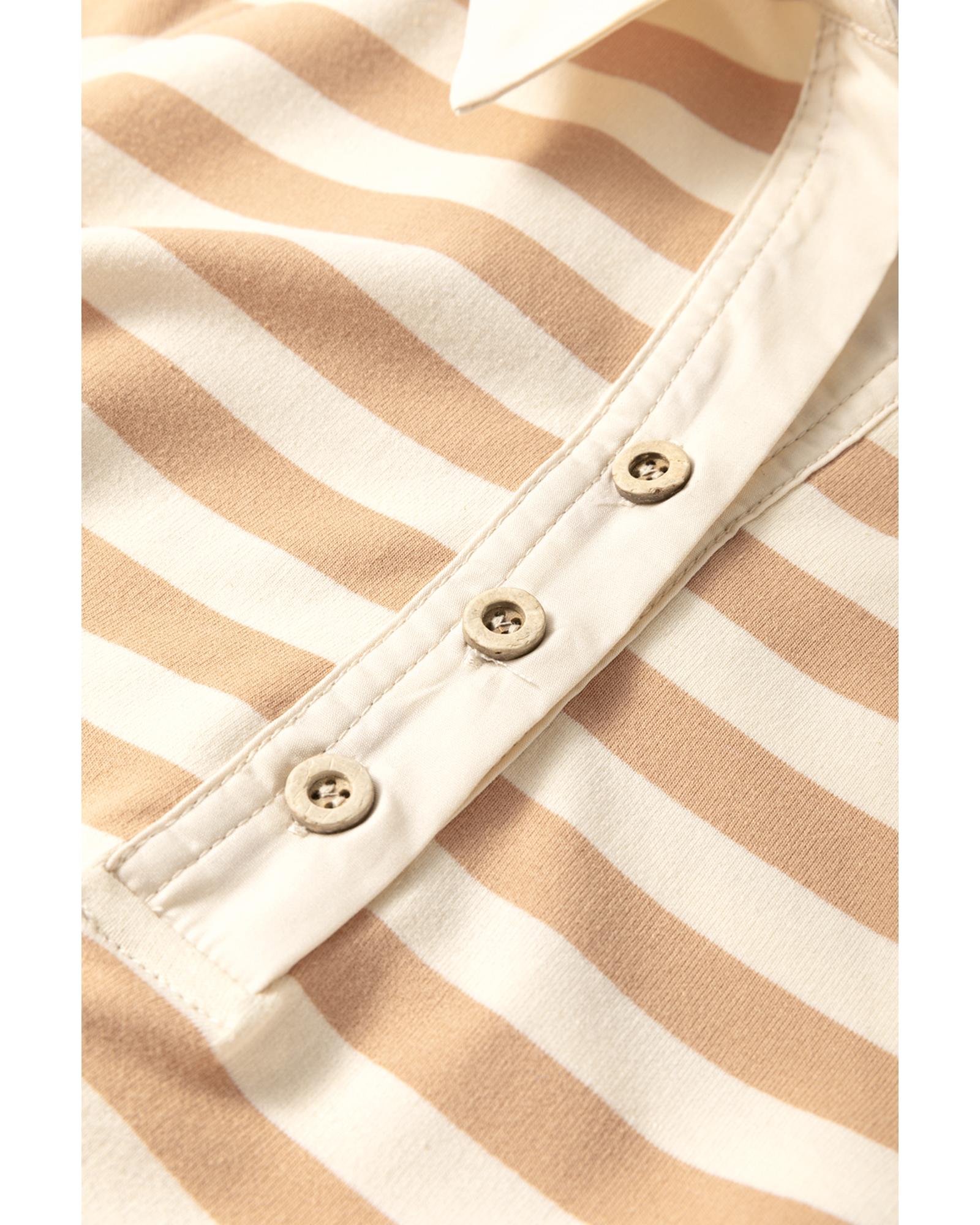 Khaki Stripe Two-in-one Collared Cap Sleeve Patchwork Loose Mini Dress - M 7