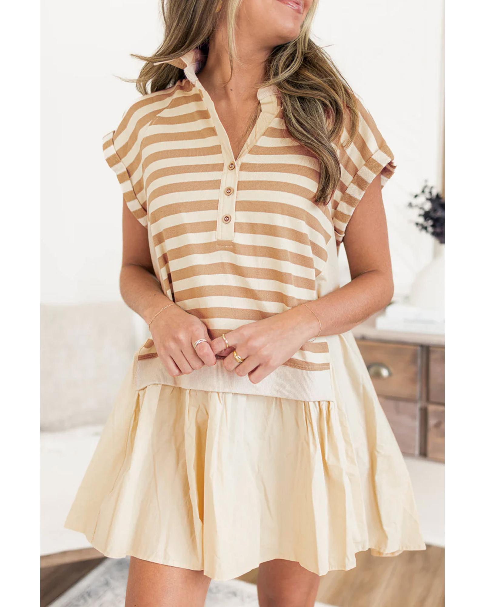 Khaki Stripe Two-in-one Collared Cap Sleeve Patchwork Loose Mini Dress - S