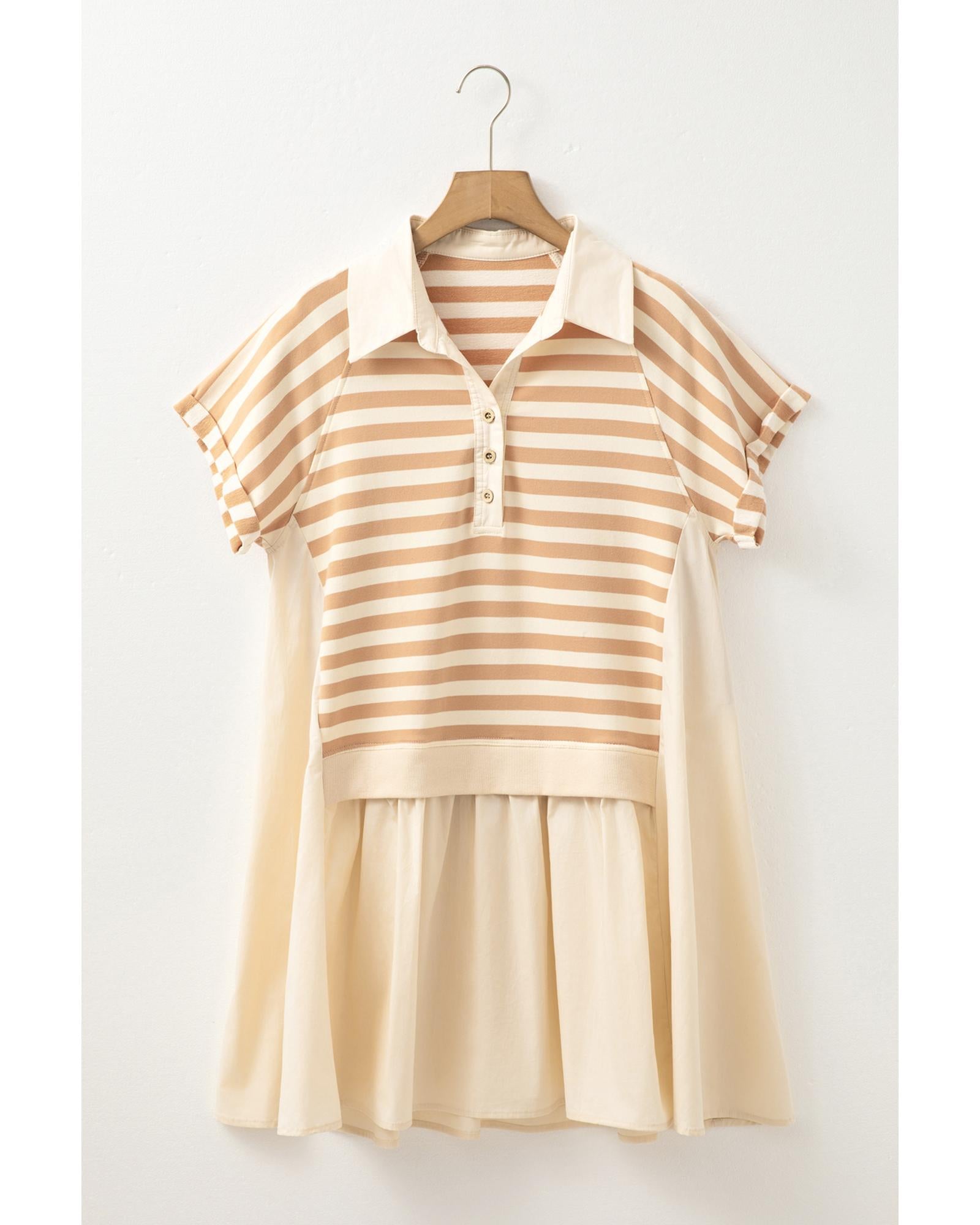 Khaki Stripe Two-in-one Collared Cap Sleeve Patchwork Loose Mini Dress - S 4