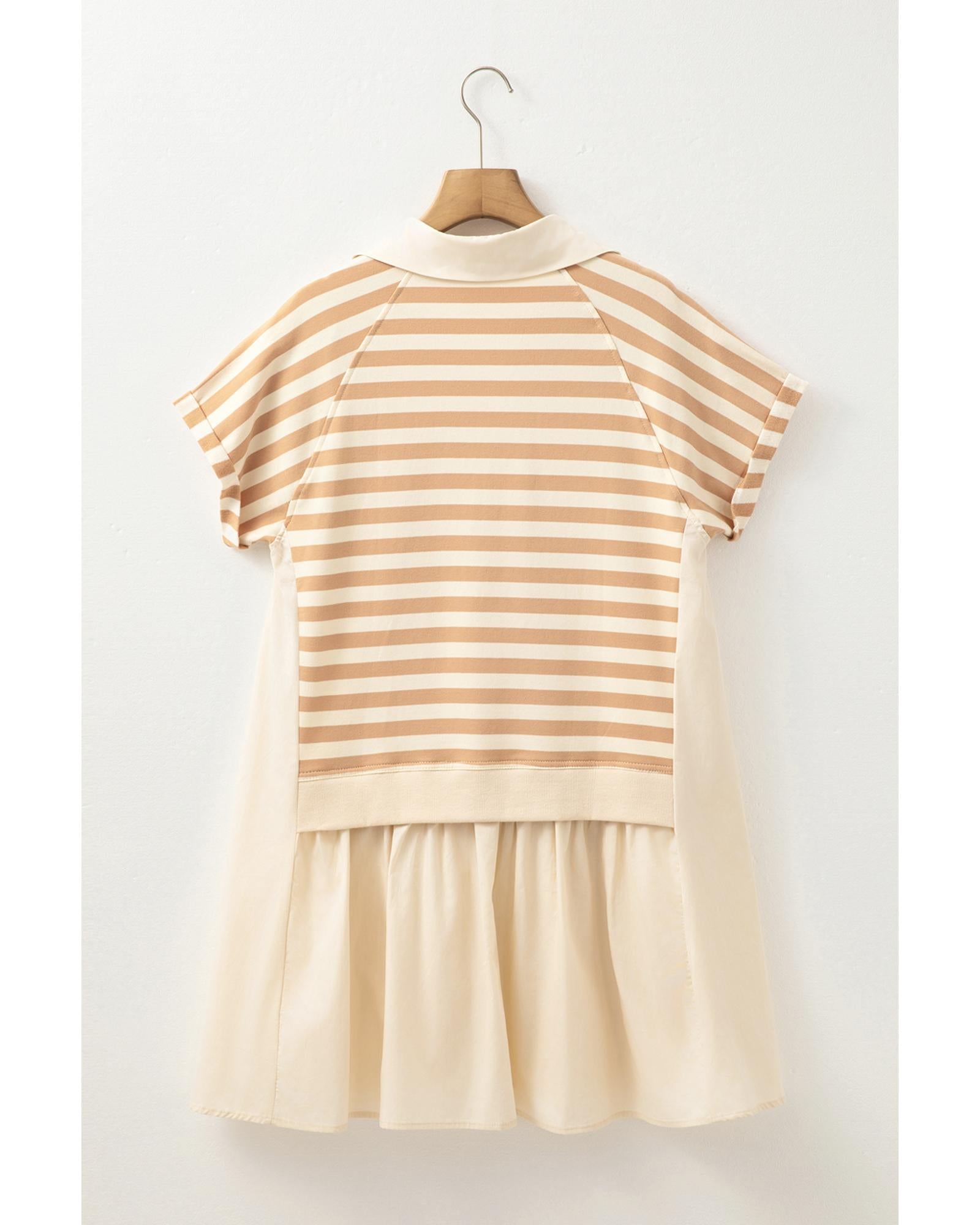 Khaki Stripe Two-in-one Collared Cap Sleeve Patchwork Loose Mini Dress - S 5