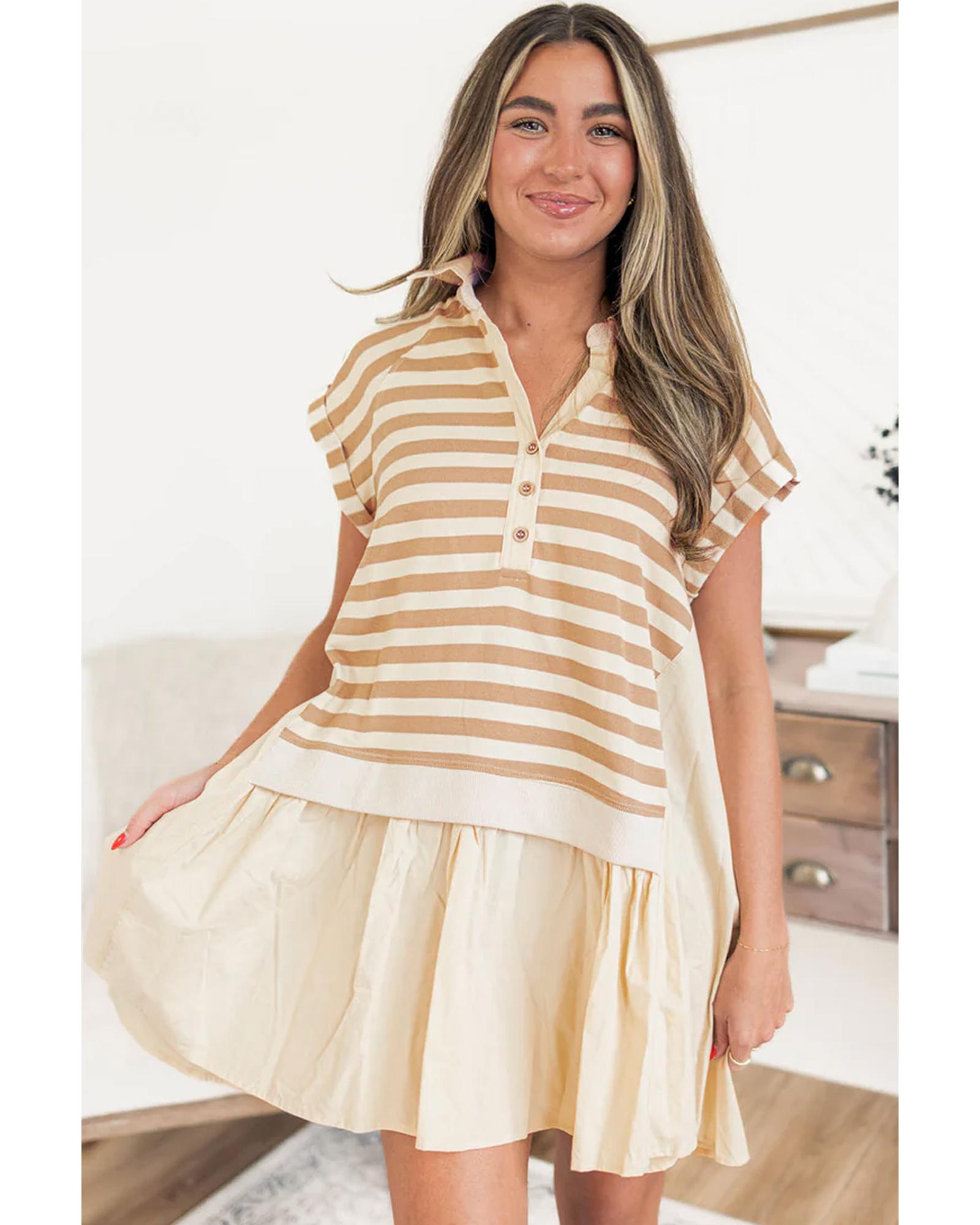 Khaki Stripe Two-in-one Collared Cap Sleeve Patchwork Loose Mini Dress - XL 3
