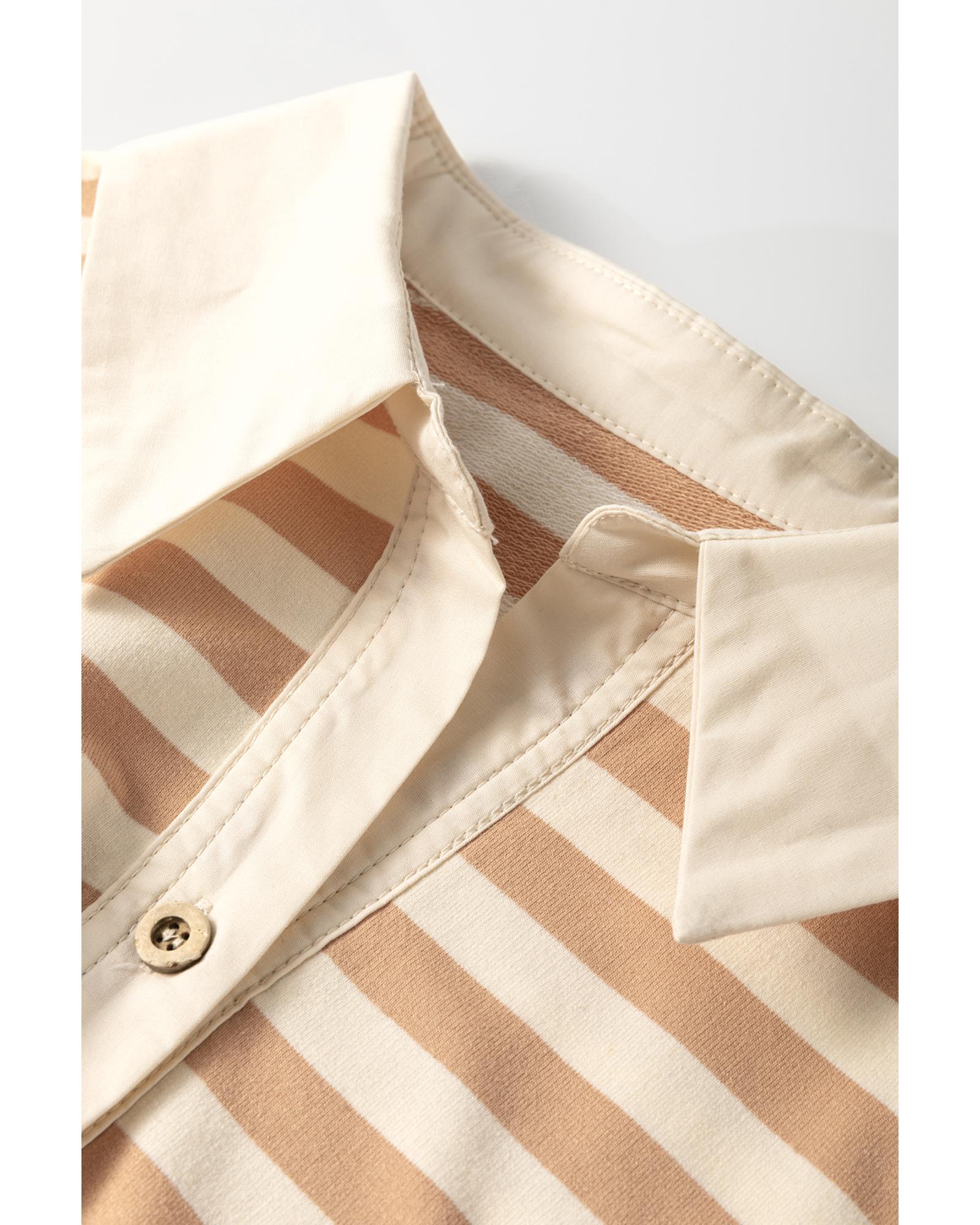 Khaki Stripe Two-in-one Collared Cap Sleeve Patchwork Loose Mini Dress - XL 6