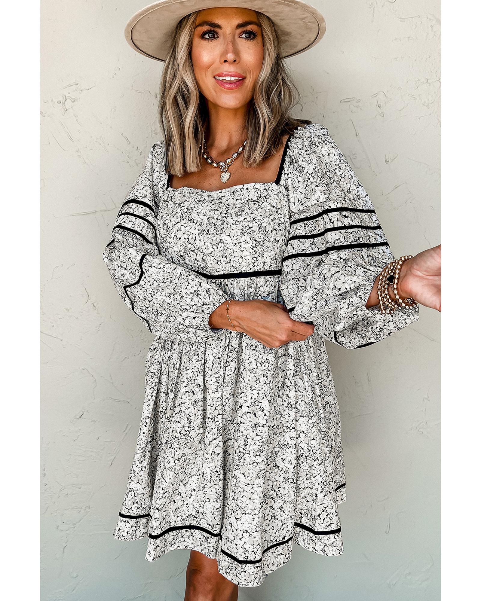 Gray Floral Print Open Back Balloon Sleeve Square Neck Mini Dress - M